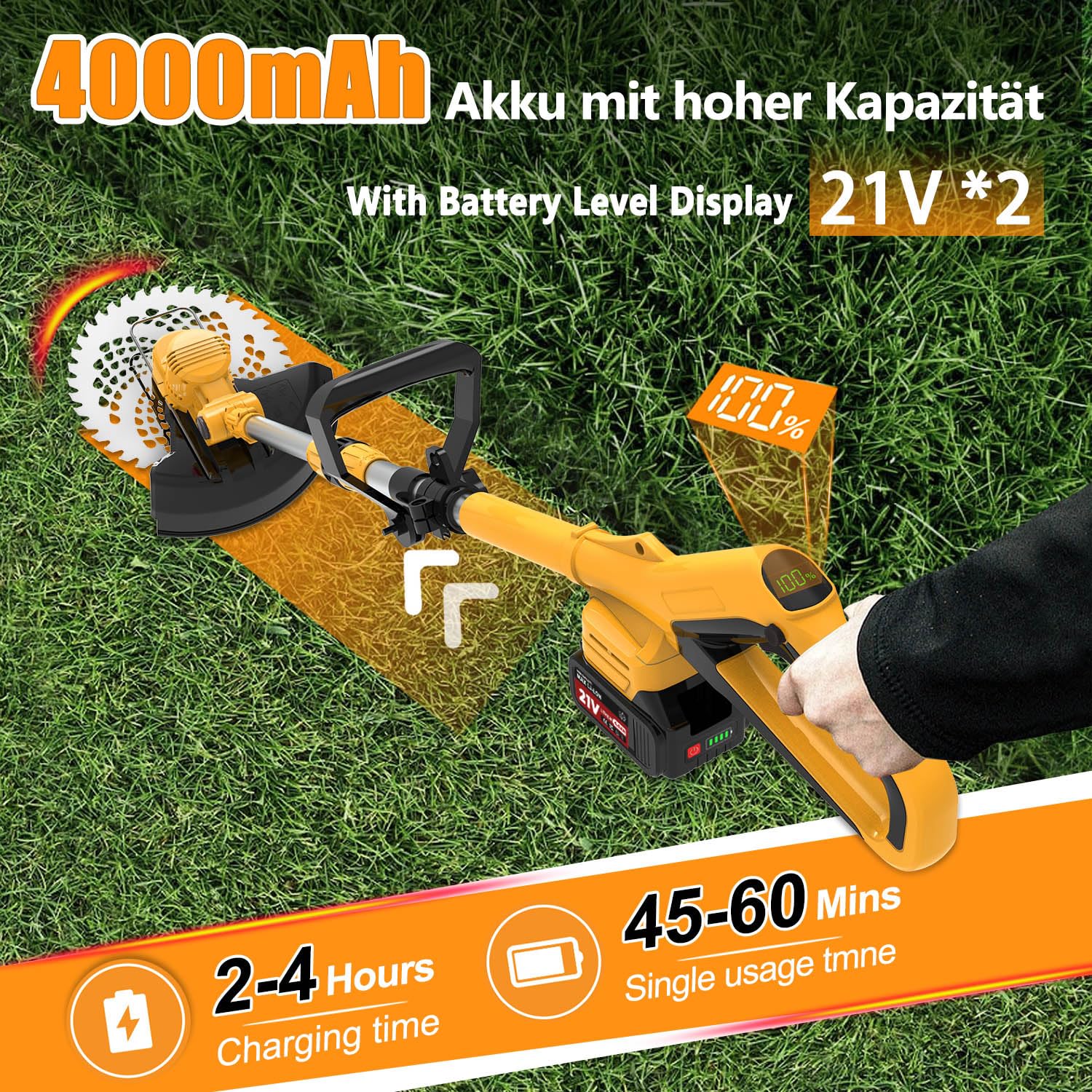 Rasentrimmer mit Akku für Makita-Akkus, 21V - 750W Motor -20000U/min, 4-in-1 Freischneider akku, 90° schwenkbarer Kopf & Teleskopstiel, Mit LCD-Anzeige – für Dickicht und hohes Gras