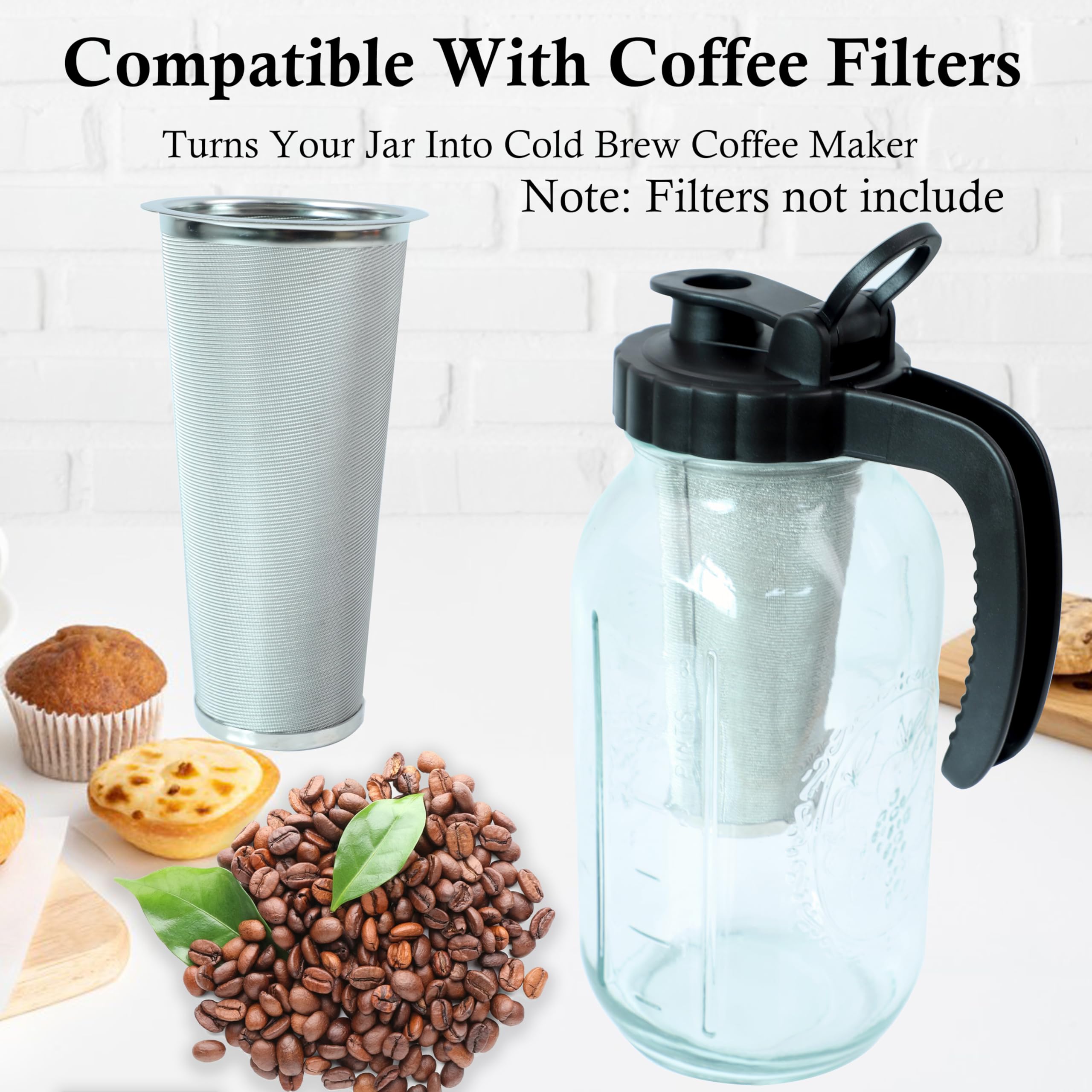 Jarra Mason Jar de 64 onzas, juego de 2 tarros de vidrio con boquilla de 2 cuartos de galón de boca ancha, jarra de medio galón para preparación fría, refrigerador, tienda de leche materna, bebidas,