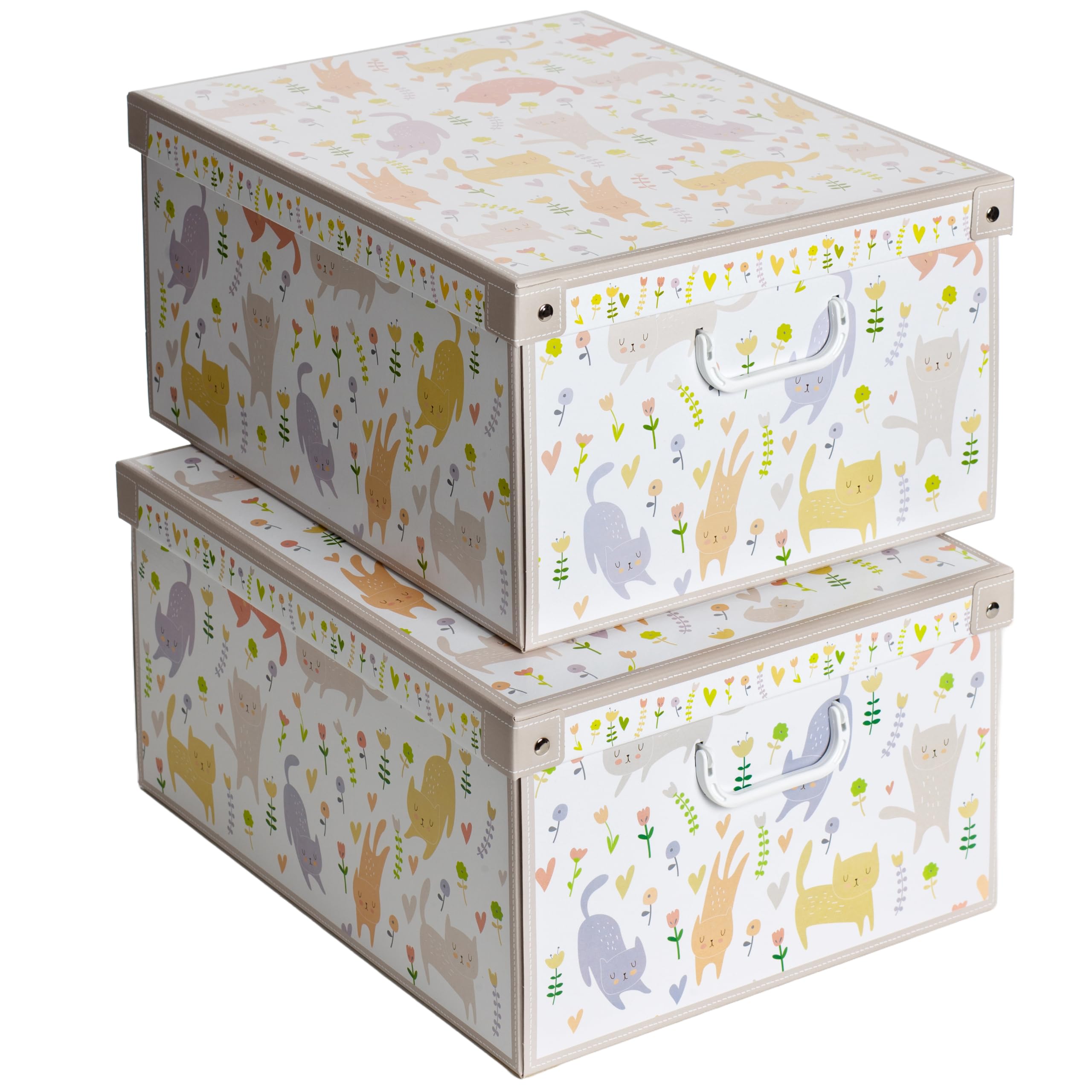 Lavatelli SET 2 Cajas organizadoras de almacenamiento ropa, almacenaje decorativas en carton, 39x50x24cm, para armario, baul, bolsas, ropa, juguetes, jardineria, con tapa, GATITOS