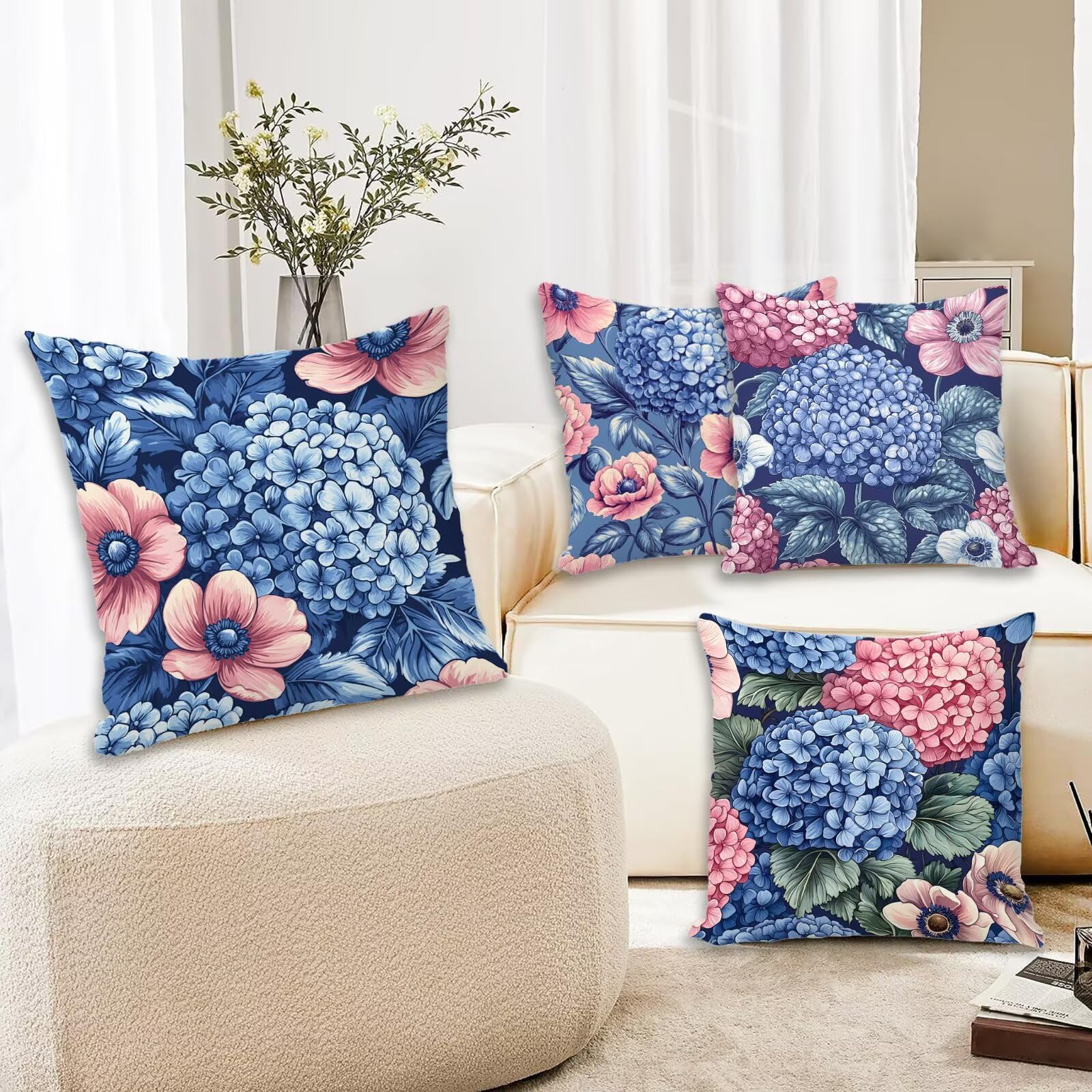 Kissenbezug 55x55 Blau 4er Set Samt Kissenbezüge Blume Zierkissenbezug Kissenhülle Dekorative Weiche Quadratische Dekokissenbezug Sofakissenbezug Couchkissen für Deko Schlafzimmer Wohnzimmer P-49