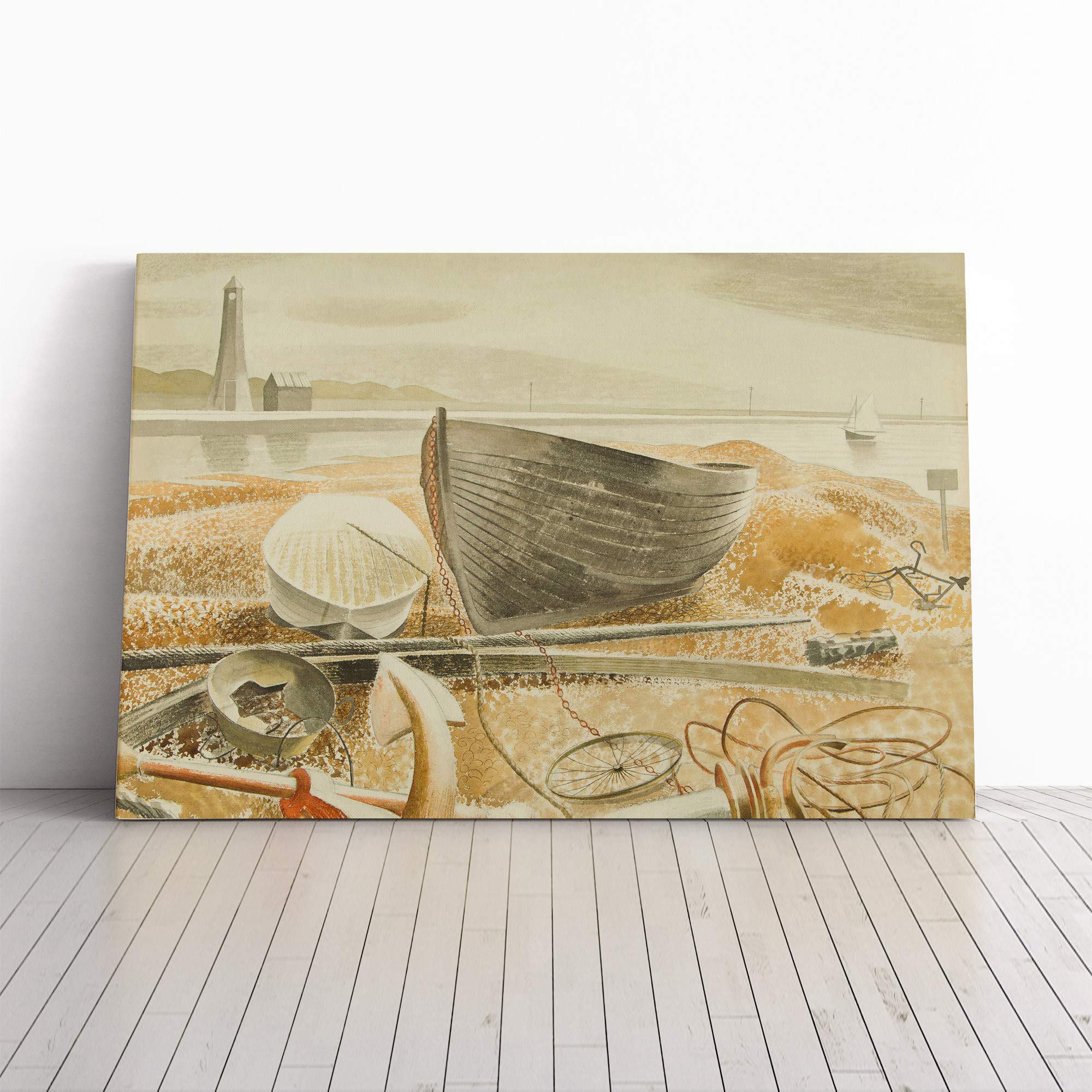 Eric Ravilious Anchor and Boats Canvas Print | Gallery Wrapped 30mm Frame Wall Art | 30x20 inches | Ready to Hang | Modern Beach Picture | Living Room Bedroom Lounge Office