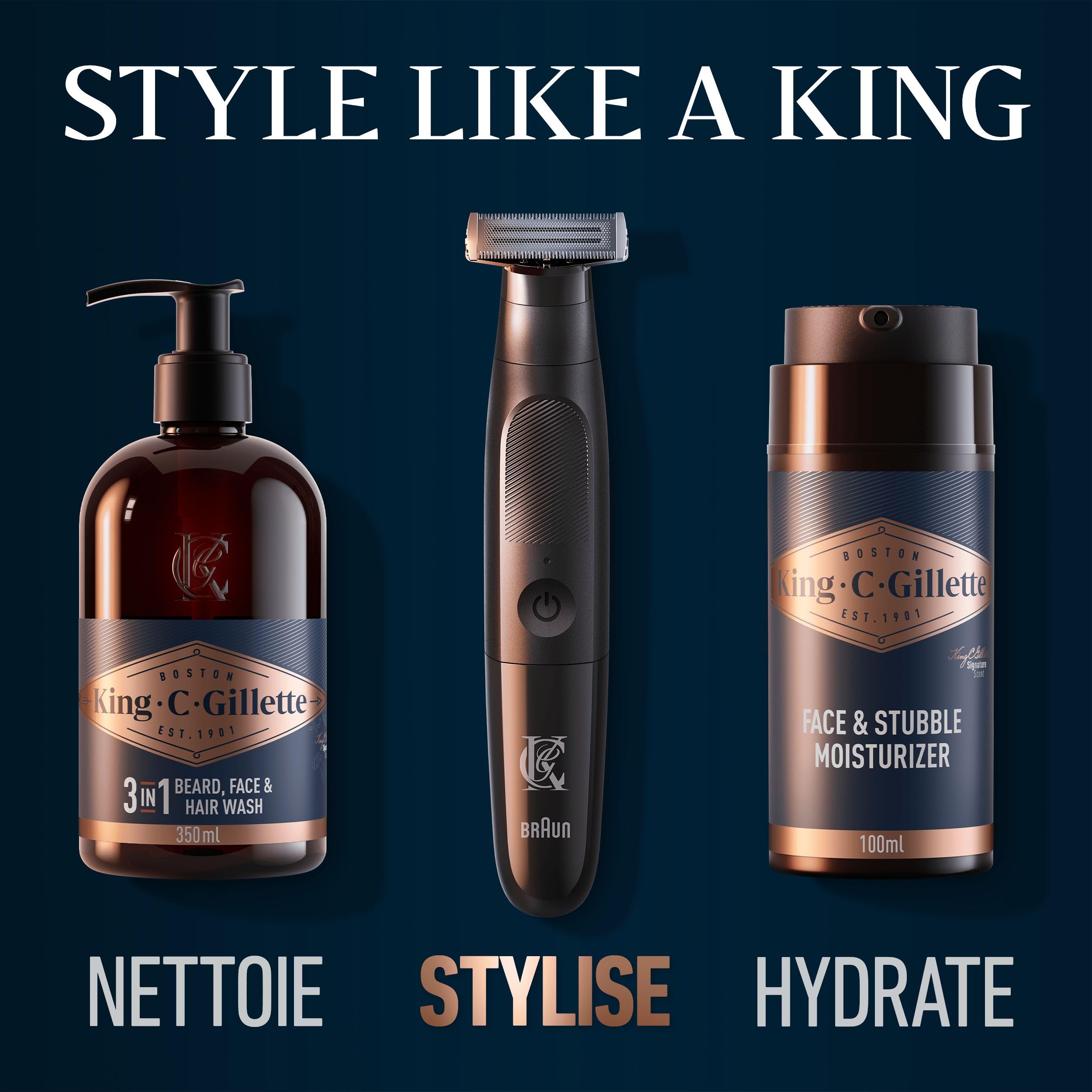 King C. Gillette Tondeuse Barbe Homme, 4 Sabots, Noire – Electrique, sans Fil, Etanche, Lame 4D Durable et Affutée pour Définir les Contours, Peignes pour Différentes Longueurs, 45 min d’Autonomie