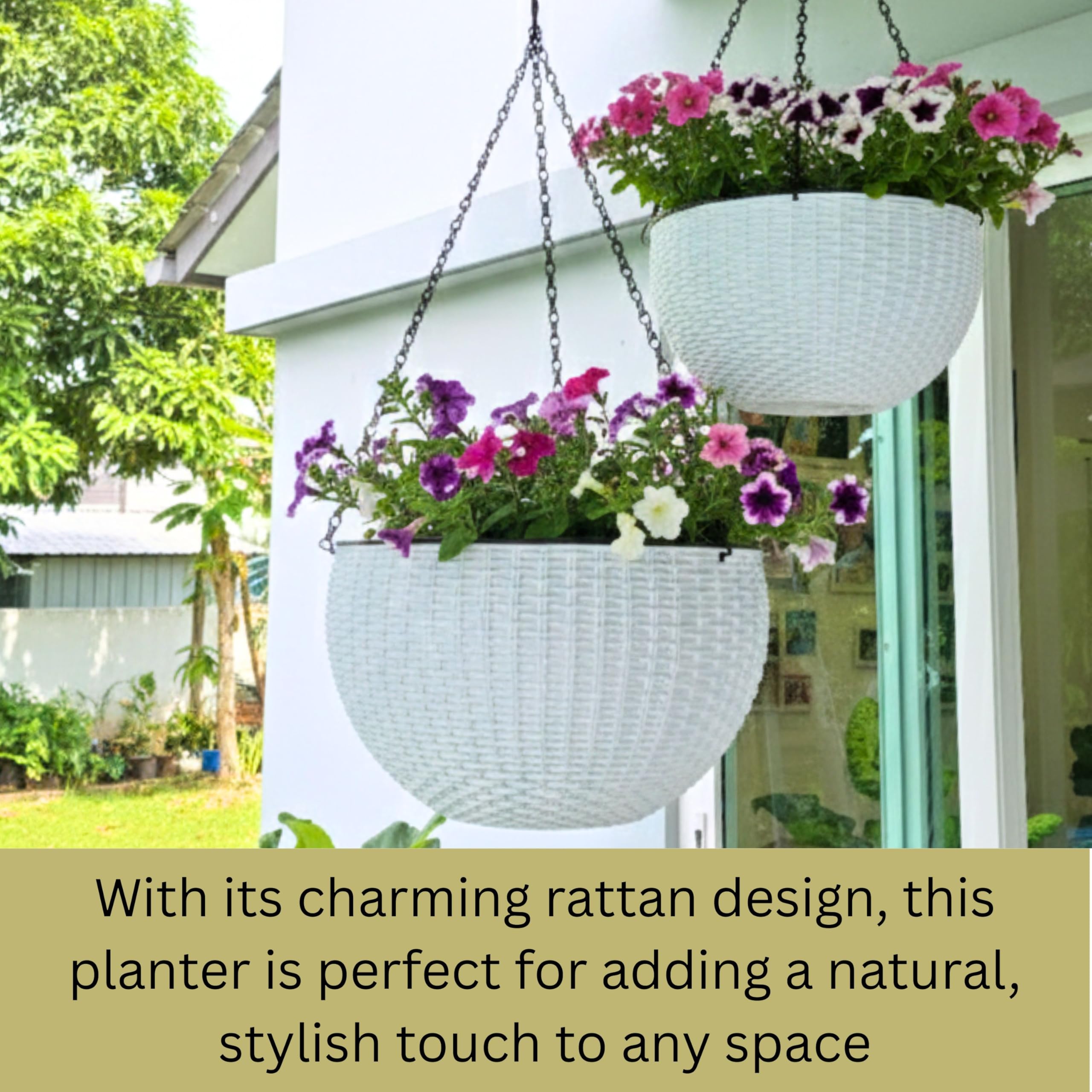 LáLáGreen Pot de Fleurs Suspendu Auto-Arrosant 28 cm avec Indicateur de Niveau d'eau, Jardinière Ronde Aspect Rotin avec Chaîne en Métal pour Balcon, Terrasse et Jardin (Blanche, 2)