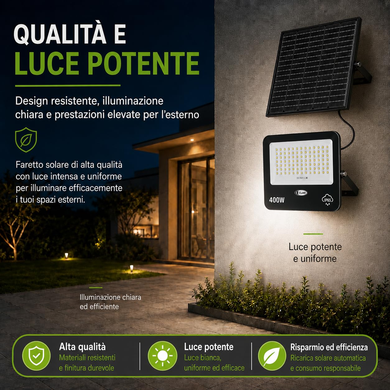 CLAR - Faro LED Esterno con Pannello Solare, Faretti Solari 400W (Pack 1)