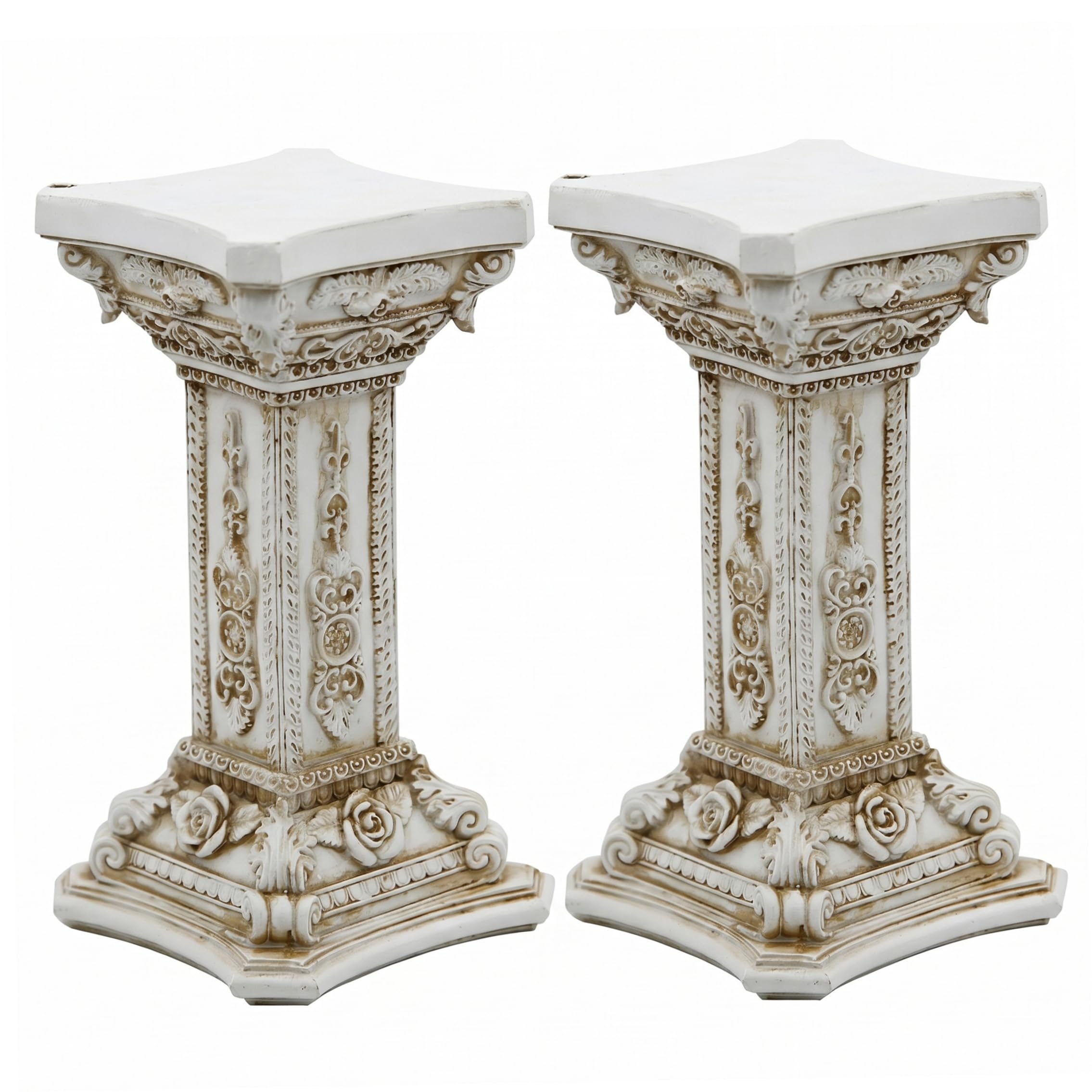Ameble 2PCS Vintage Embossed Resin Roman Columns and Pillars, 5x9 Inch Outdoor Garden & Flower Pot Base Decor, Pedestal Stand for Statues, Plant Display