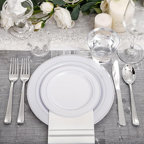 Miniatura 6 de NOCCUR 700 platos de plástico plateados, platos desechables plateados para 100 invitados, platos de plástico blanco con ribete plateado que incluyen