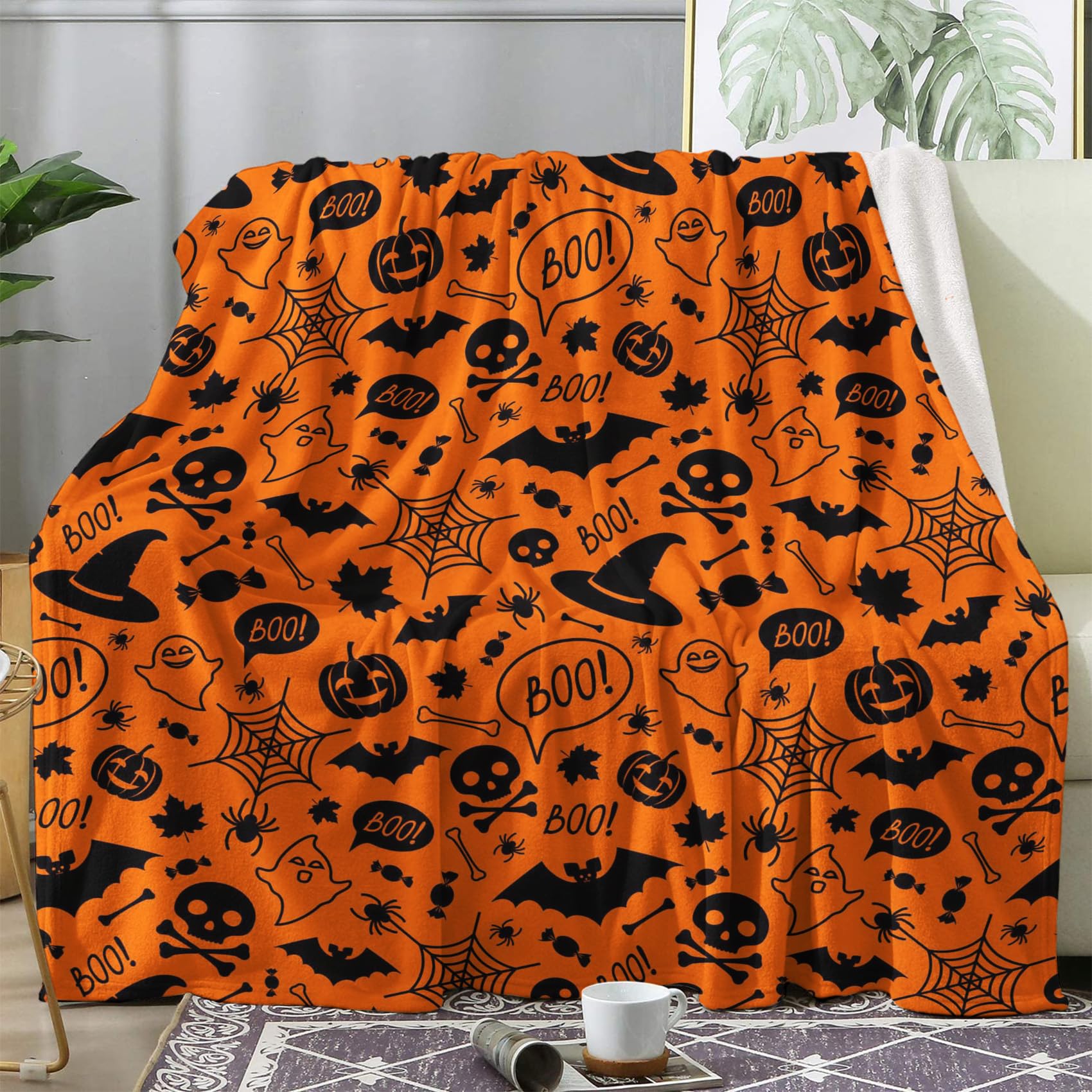 Kuscheldecke Flauschig Halloween, Decke Wolldecke 150x200 Orange, Flanell Sofadecke Blanket XL, Fleecedecke Wohndecke Schlafdecke Winter Warm Weich, Deko Decken für Couch Bed Küche, Haushalt & Wohnen
