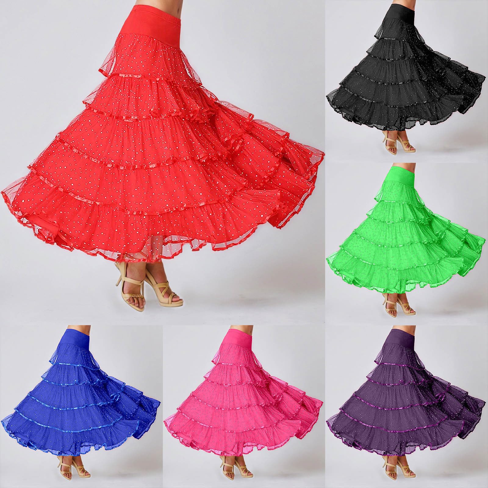Jupe en tulle pailletée pour femme, longue, élégante, taille haute, ligne A, jupe midi à paillettes, jupe midi avec taille élastique, jupon rétro, jupe de danse de ballet avec ourlet évasé, costume de