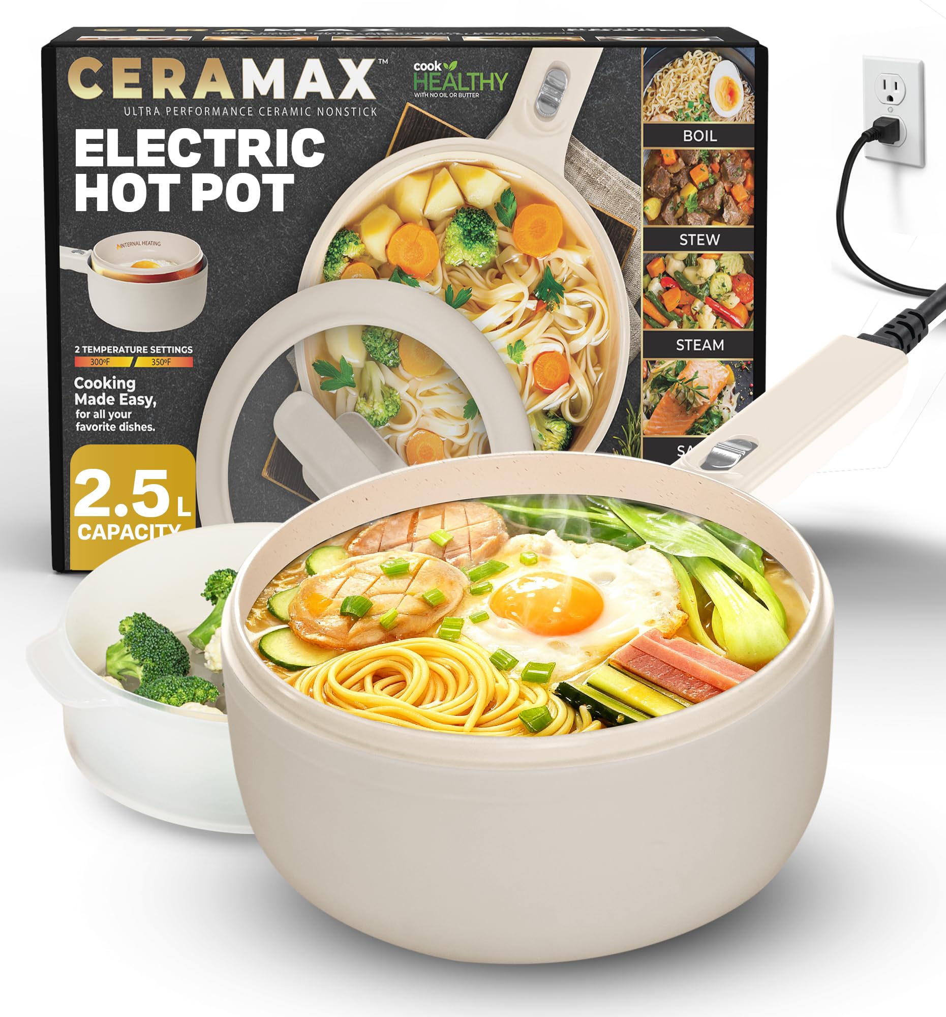 PRO 2.5L Electric Hot Pot with Lid & Steamer, Non Toxic Ceramic Cooker Skillet Hotpot for Ramen, Eggs, Pasta for Dorms, Camping, RVs, Adjustable Temp. - New Improved 2026 Model 2.6 Quarts Cream