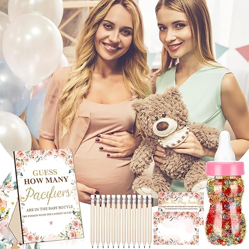 Miniatura 5 de Syhood Floral Baby Shower Games Guess How Many Pacifiers - Cartel de juego 50 pequeños juegos de adivinanzas, 20 lápices HB, botella de leche de