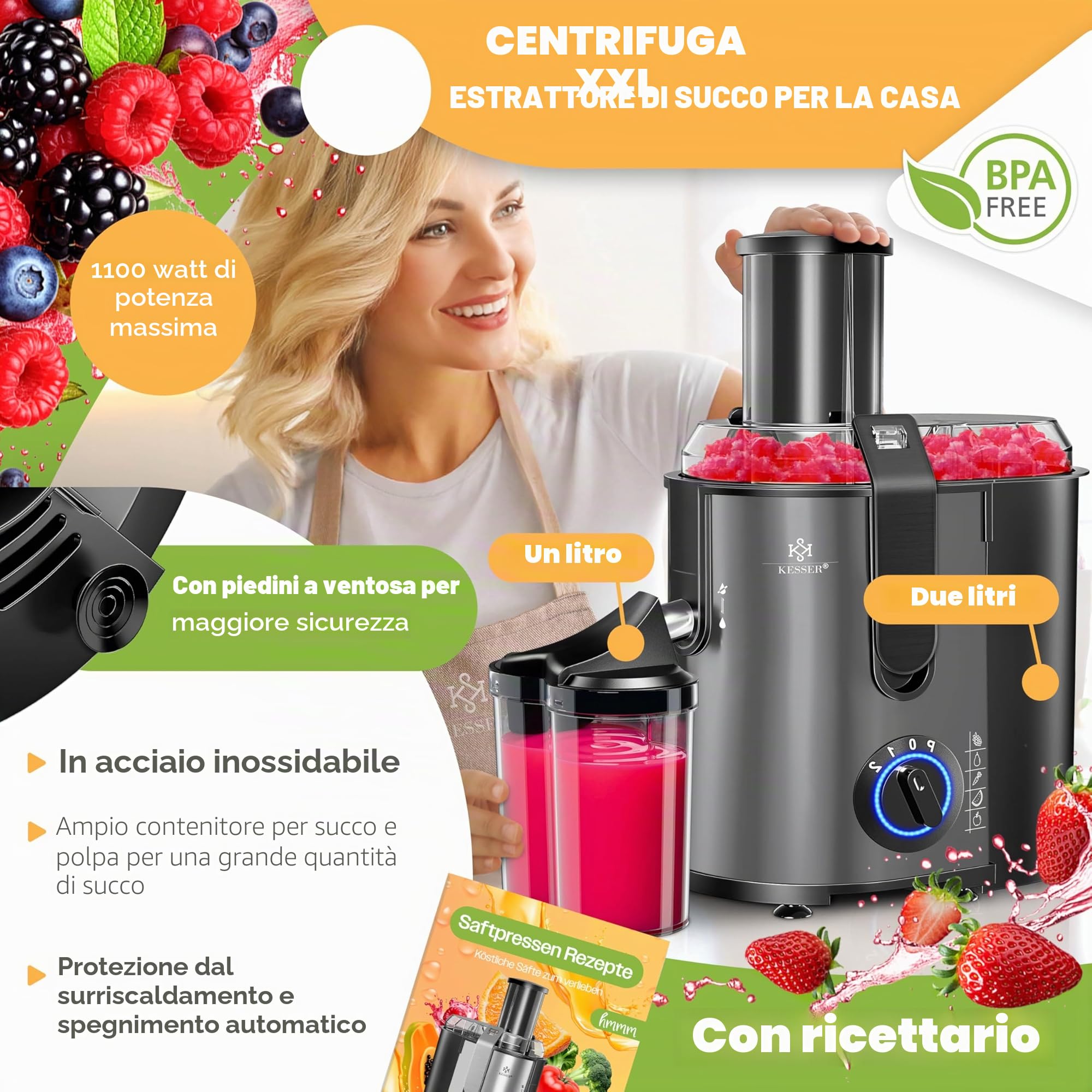 KESSER® Centrifuga estrattore di succo per frutta | verdura in acciaio inox 1100W, grande tubo di alimentazione, 3 livelli, spremiagrumi elettrico centrifugo + spazzola, contenitore per succo