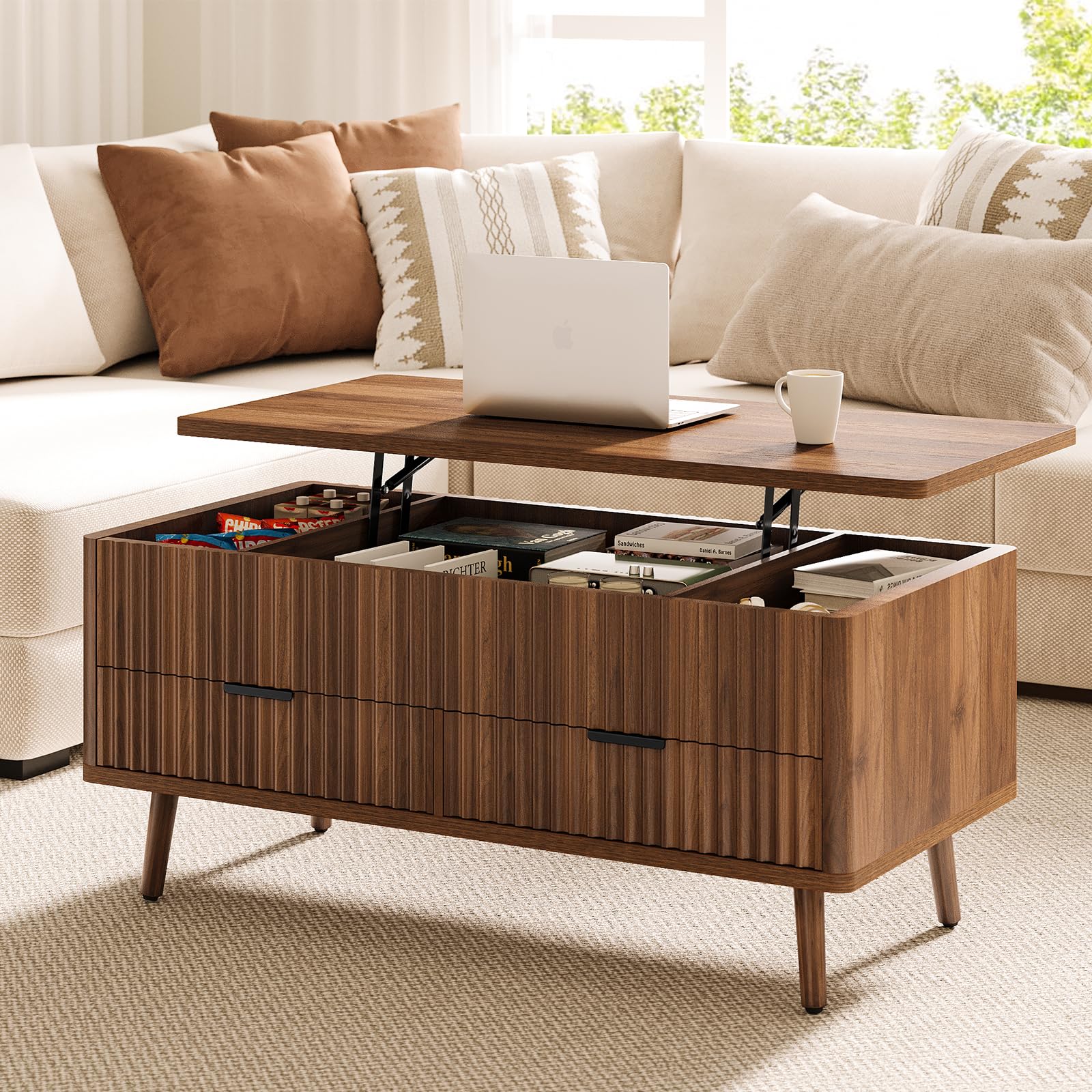 Lift Top Coffee Table with Storage - Fluted Wood Coffee Tables for Living Room with Drawers Hidden Compartment