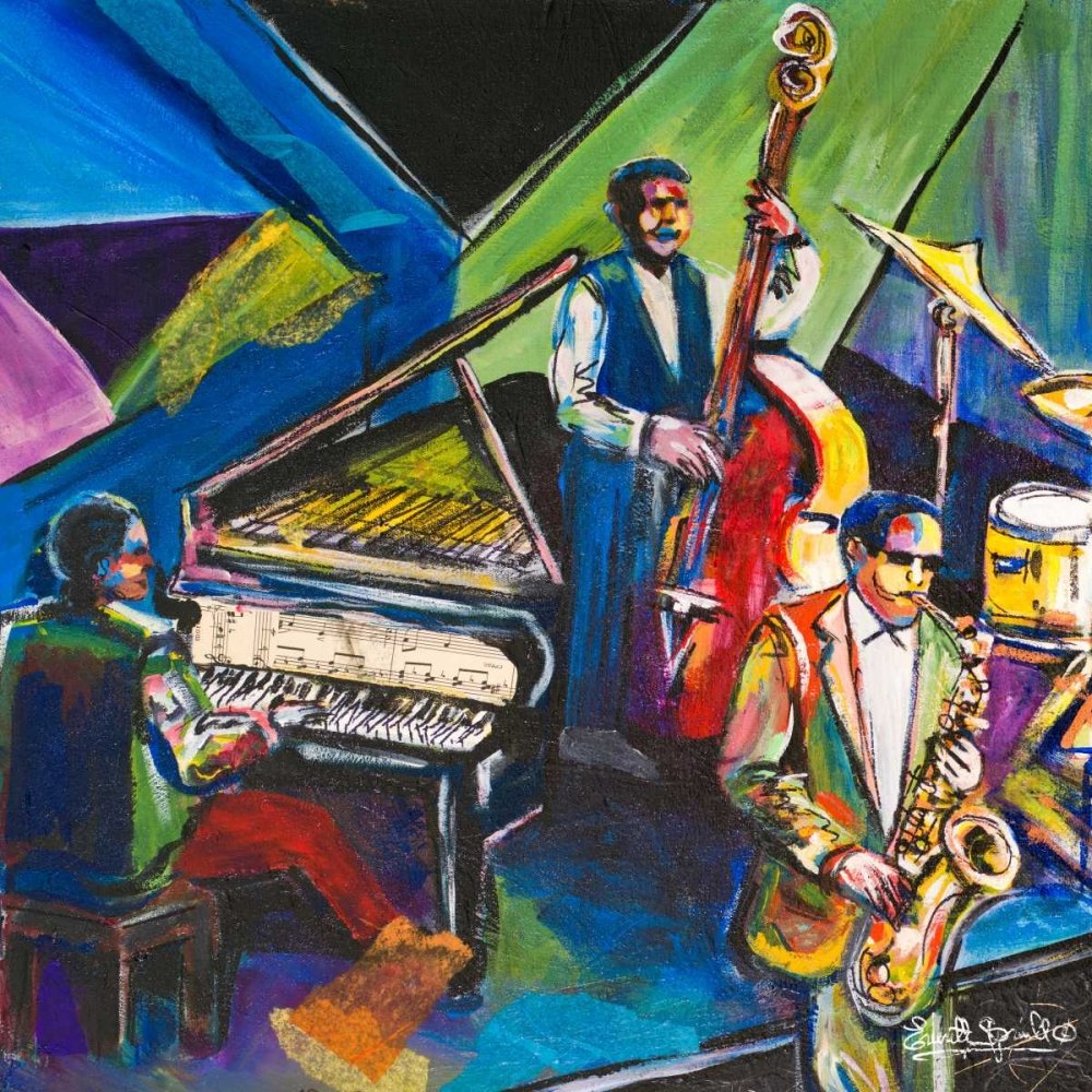 Leinwand-Rahmen mit amerikanischer Box A Nite in Birdland I Spruill Everett – Musikquadrat Kunstdruck Band Praxis Gruppe Jazz Musik Ethno Urban Instru schwebender Rahmen 65 x 65 cm