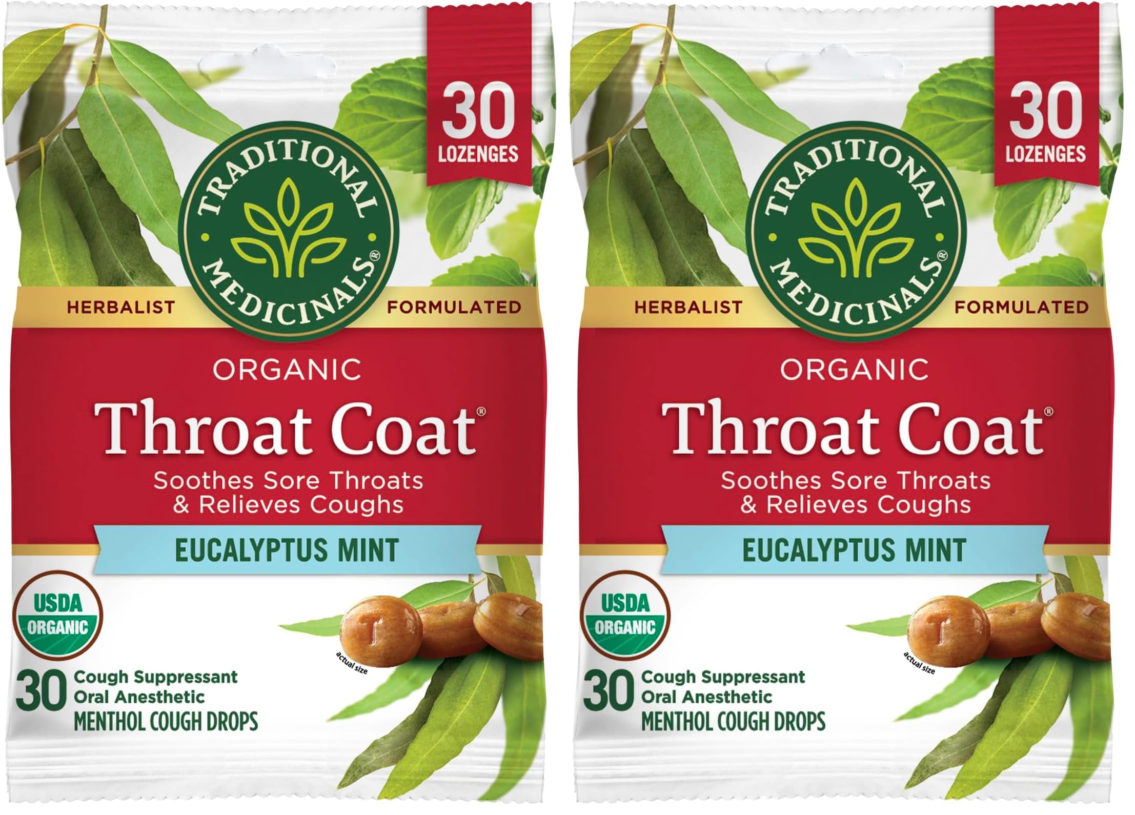 Traditional Medicinals Throat Coat Organic Cough Drops, Eucalyptus Mint with Menthol, Soothes Sore Throats &amp; Relieves Coughs, 30 Count (Pack of 2)