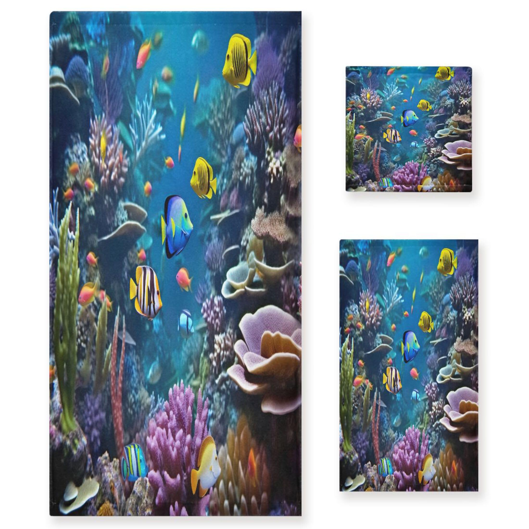 Qilmy Colorful Fish Bathroom Towel Set of 3 with Hand Towel, Wash Cloths & Bath Towel, Extra Aborbent Soft Towels Set Decor for Bathing Home Shower
