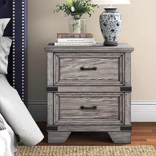 Intercon Forge - Mesita de noche con 2 cajones, mesas de noche de acero cepillado