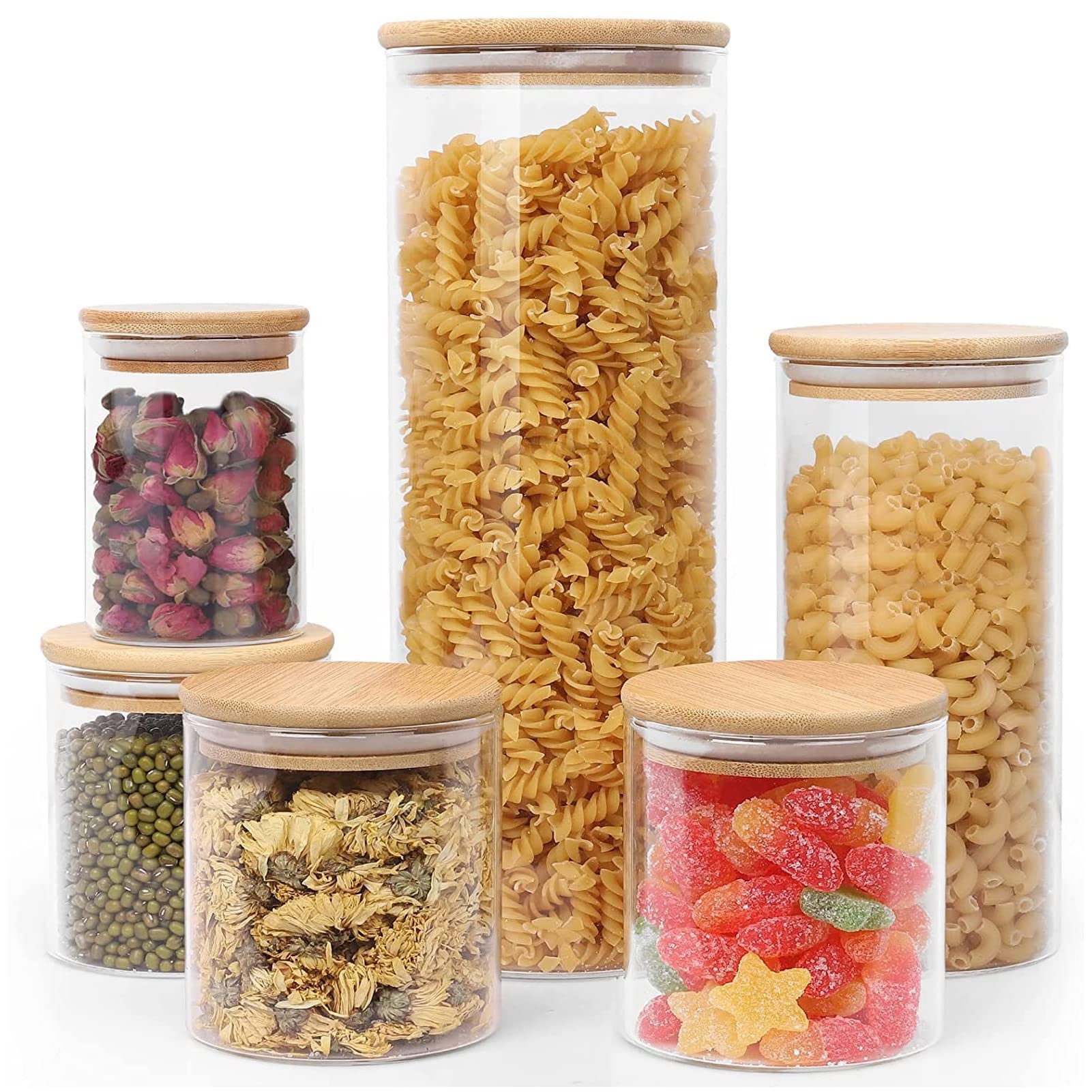 Glass Jars Set, 0.3/0.5/1/2.1L of 6 Pack Glass Jars with Bamboo Lids and Labels Airtight Glass Food Storage Containers for Home Kitchen Pantry Cookie Candy Rice Snack Noodles Pasta Spaghetti Cereal