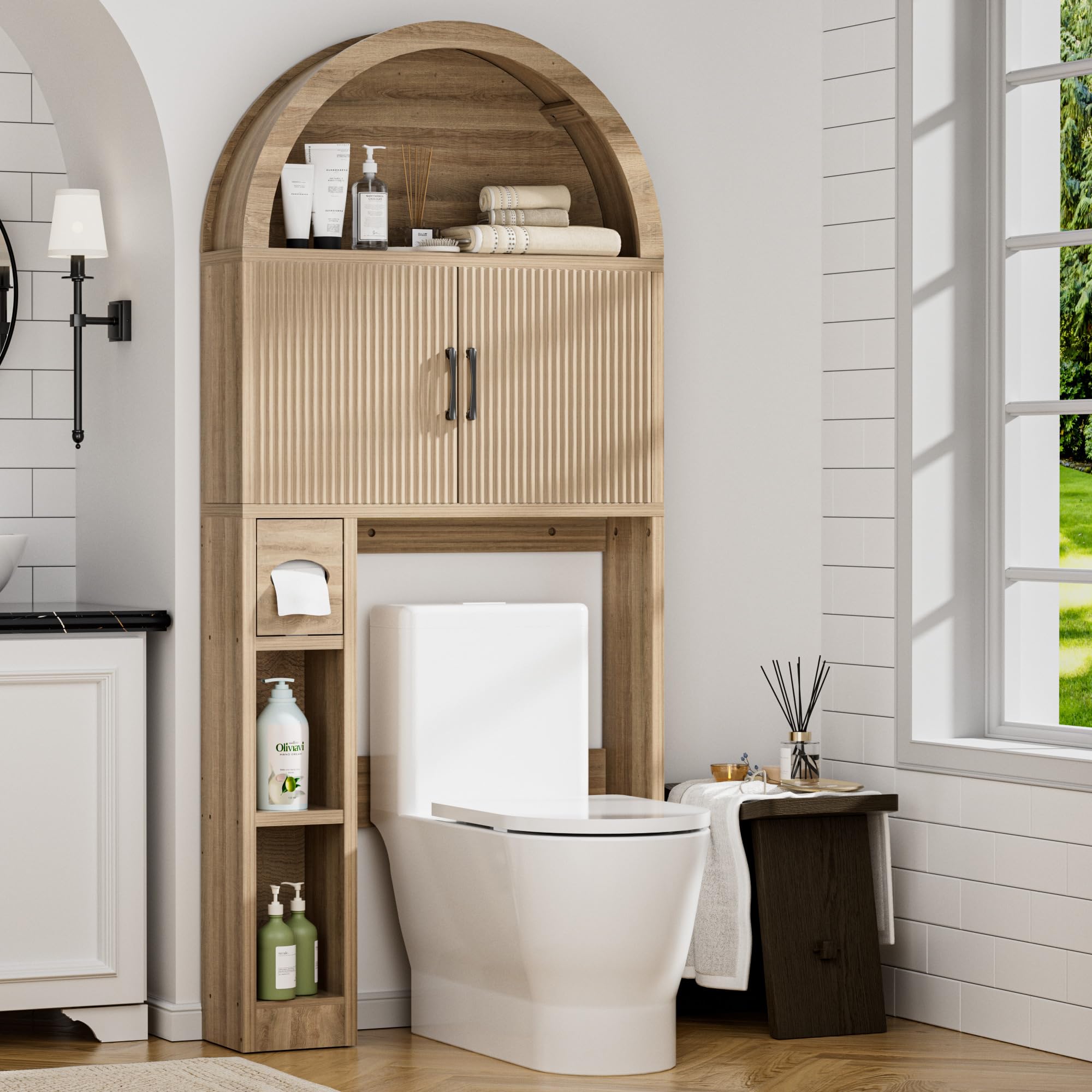 Spurgehom Over The Toilet Storage Cabinet, Bathroom Shelf Organizer Freestanding, Bathroom Arch Cabinet Over Toilet with Toilet Paper Holder and