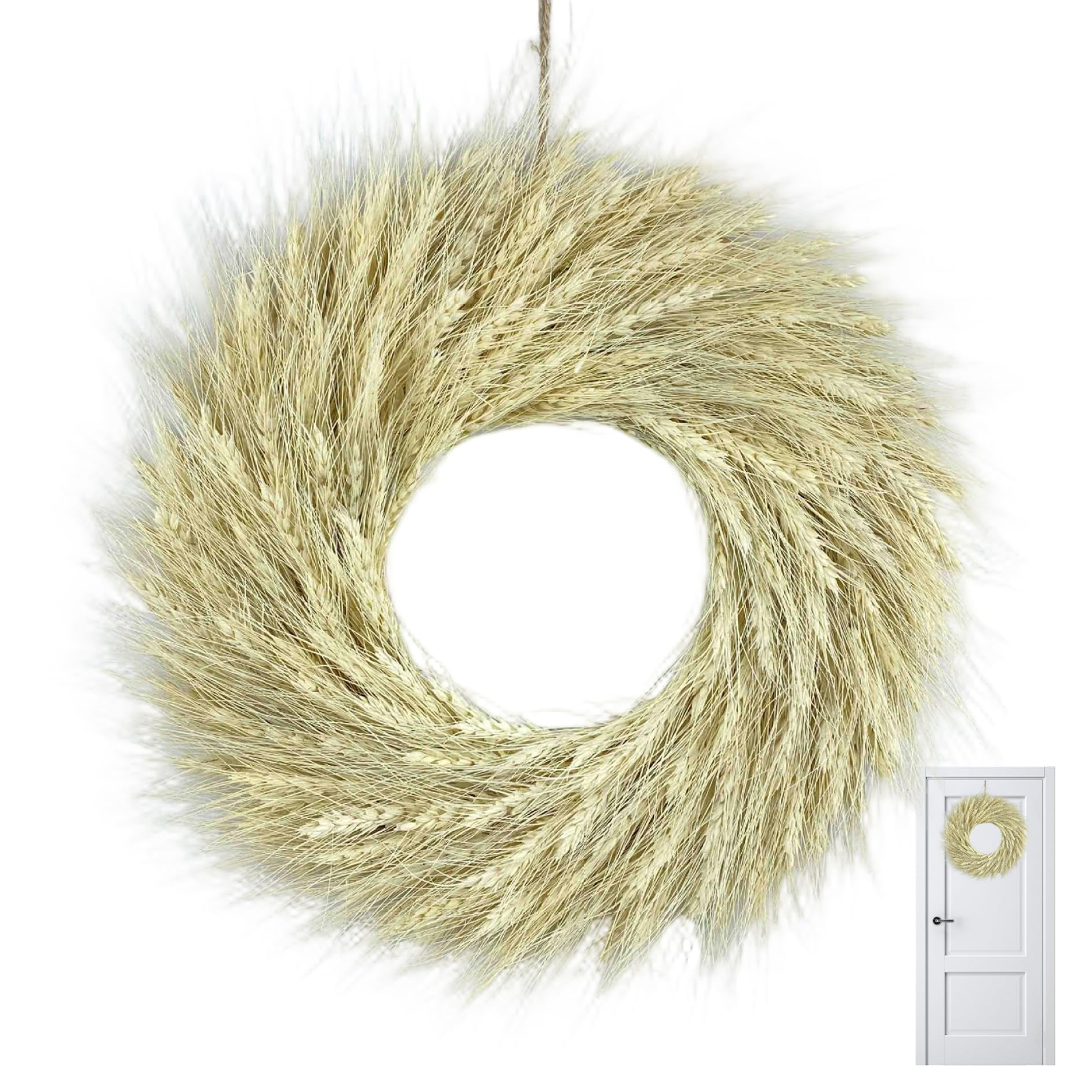 Hotainoys 1Pc Pampas Grass Wreath Artificial Dried Wheat Door Wreath 15.7" Harvest Fall Decor For Farmhouse Indoor Outdoor Window Wall Fall