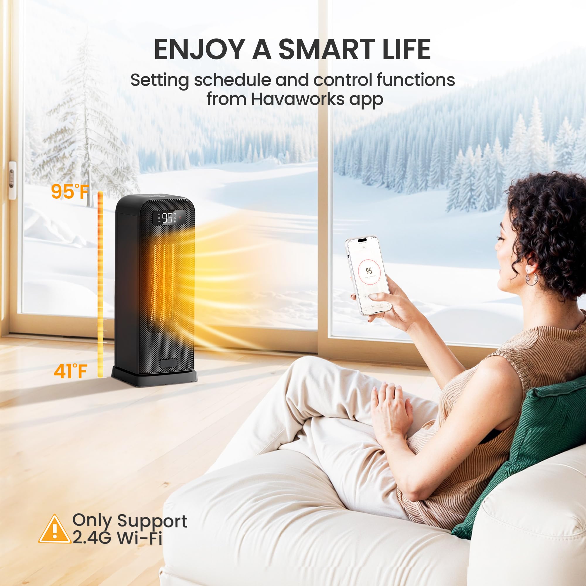 FLANUR Calentador de espacio para recámara, calentador eléctrico inteligente con WiFi y control de voz, temporizador de 12 horas, 4 modos, termostato, calentador de cerámica PTC de 1500 W, calefacción
