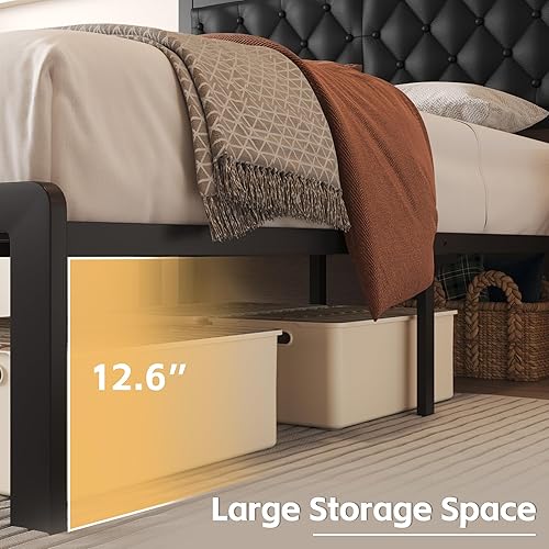 Miniatura 5 de Base de cama Fluest tamaño Queen con cabecero, base de cama tapizada en cuero PU, plataforma con soporte de listones metálicos, base de cama con