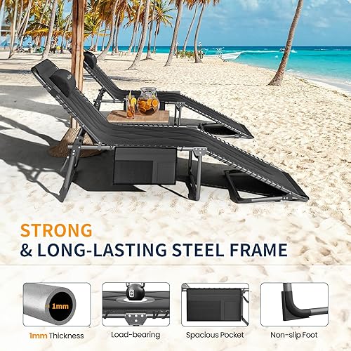 Miniatura 5 de Catre de camping plegable acolchado para adultos con colchón de doble capa, ultra cómodo, tumbona portátil de 5 posiciones para exteriores e
