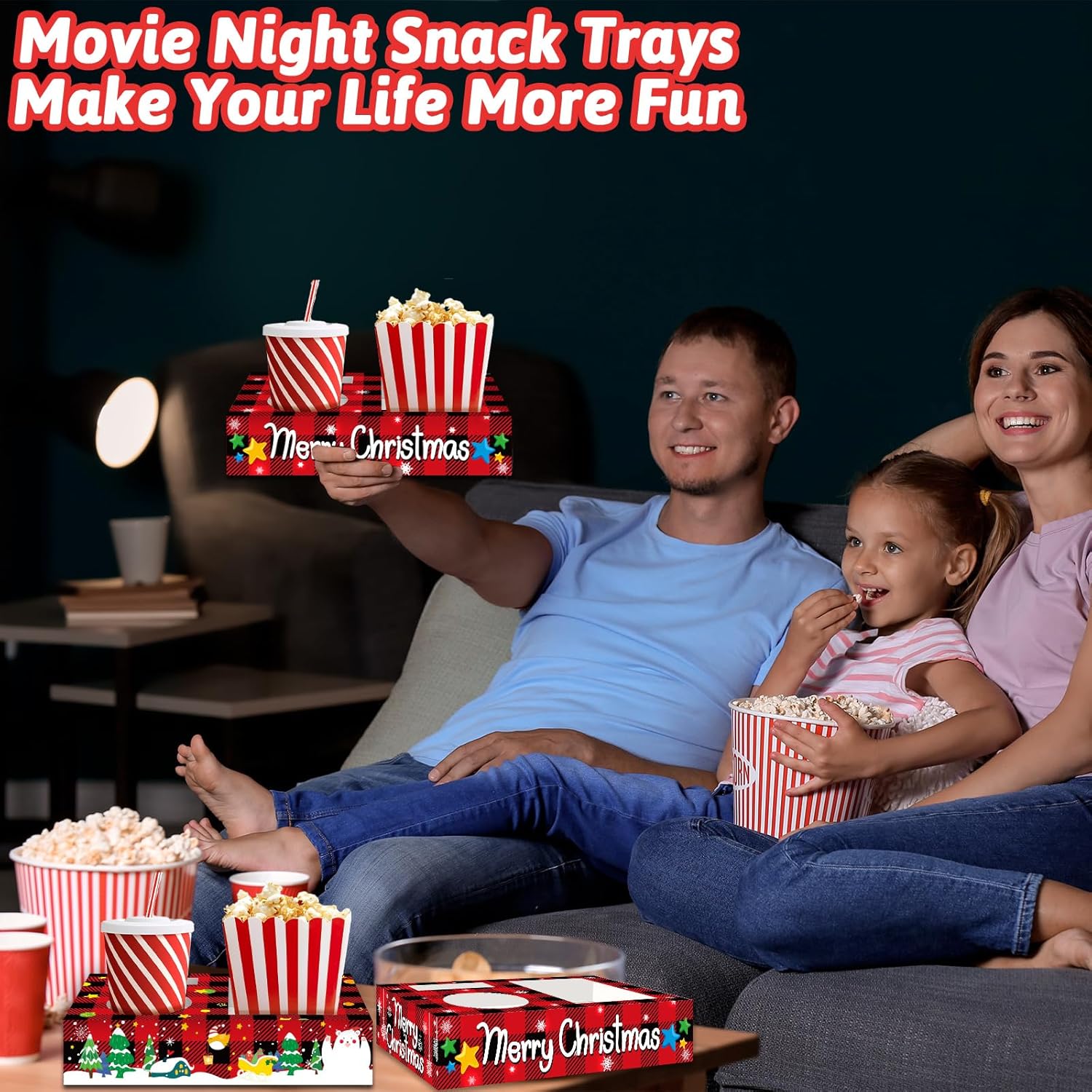 32pcs Christmas Party Supplies Movie Night Snack Trays Hold Popcorn Candy Food Drink, Merry Christmas Movie Theater Popcorn Holder Decorations for Kid's Birthday Party Concession Stand Family