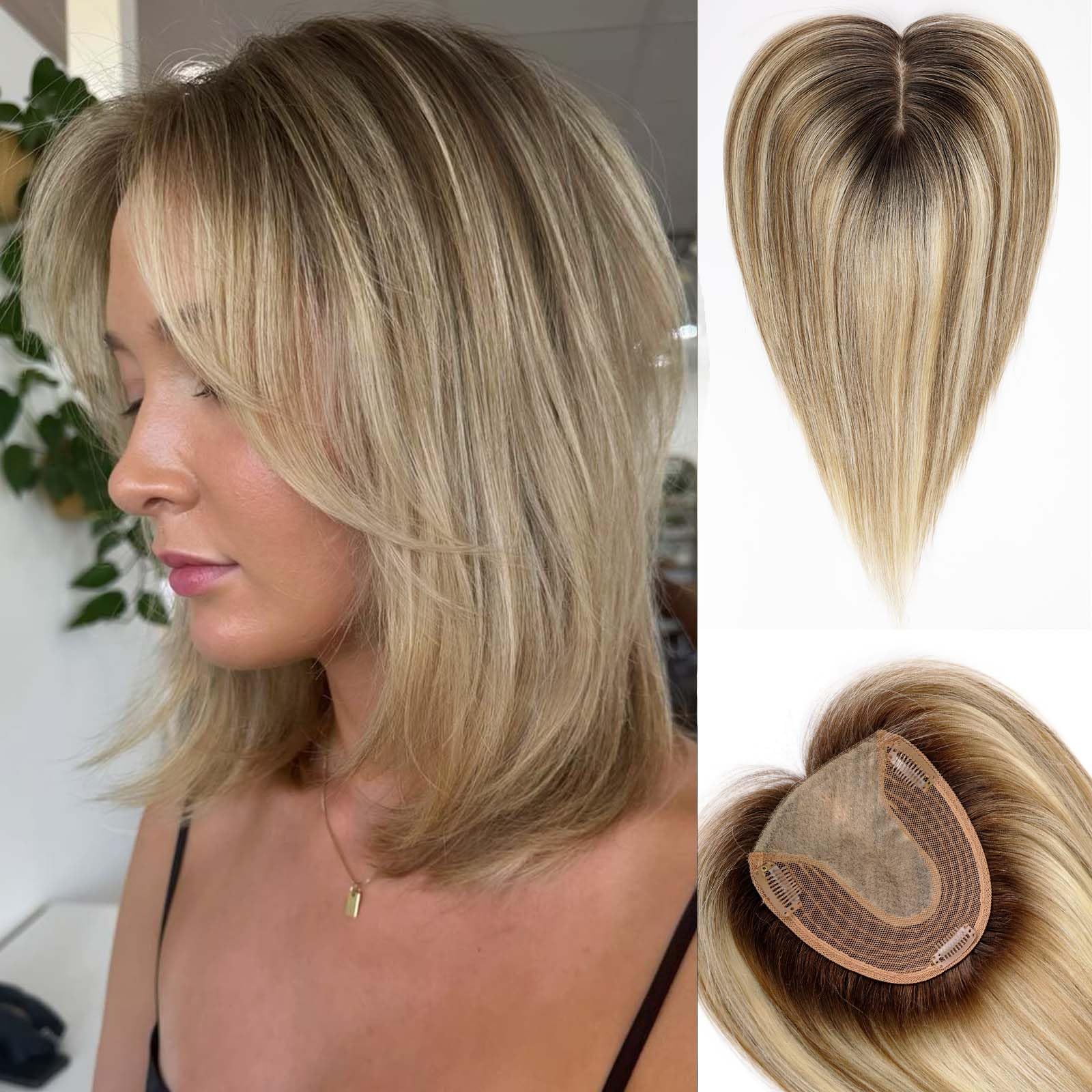HAIRCUBE Hair Toppers for Women Real Human Hair With Bangs 5 * 5.5 inch Base 14 inch ombre Brown with Blonde Highlight（T4/613/6#） Human HairTopper for Women wit