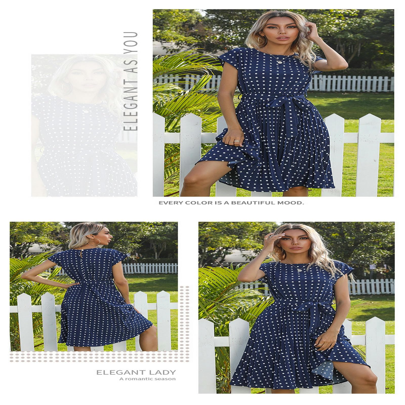 Vestidos de verano para mujer, vestido de lunares de manga corta, plisado, casual, vestido midi con cinturón, YYEFNMAZ