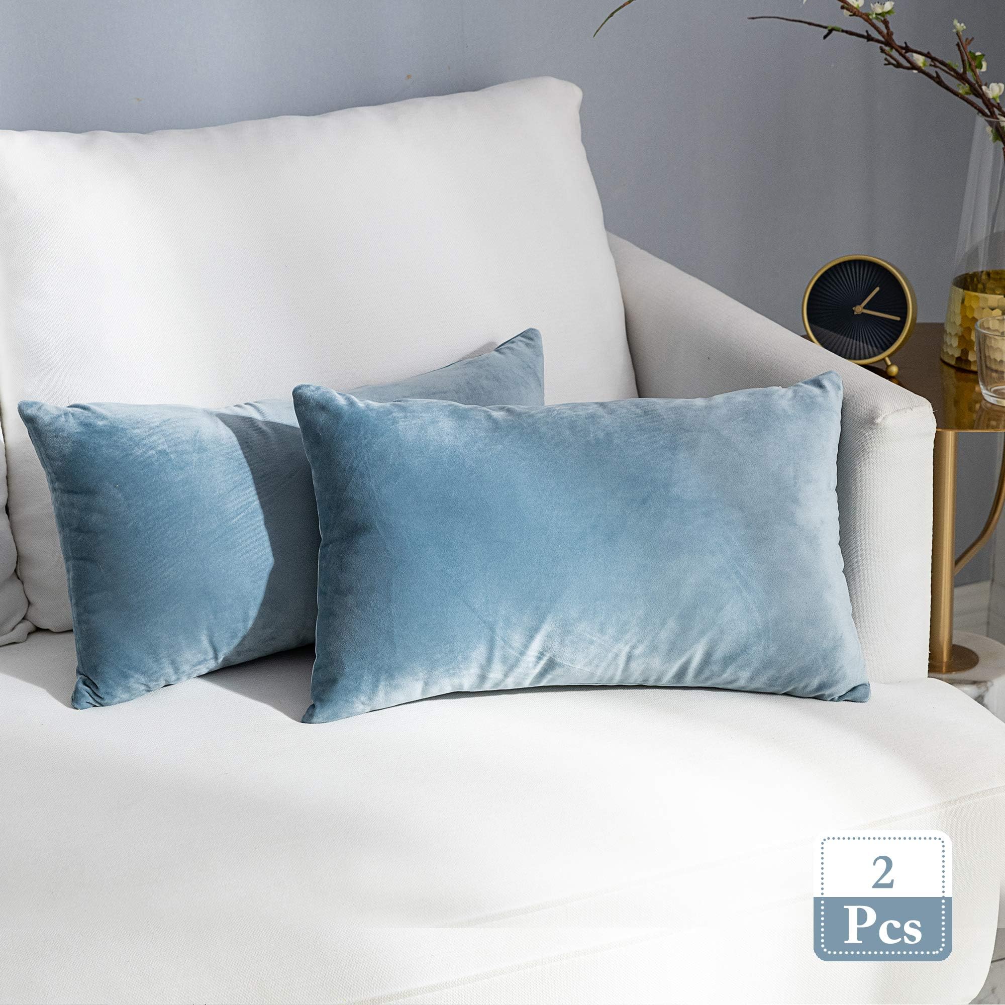 Stellhome Pack of 2 Throw Pillow Covers Rectangle Super Soft Solid Velvet Pillowcase for Bed Couch Sofa Bench, 12 x 20 inch (30 x 50 cm), Silver Blue