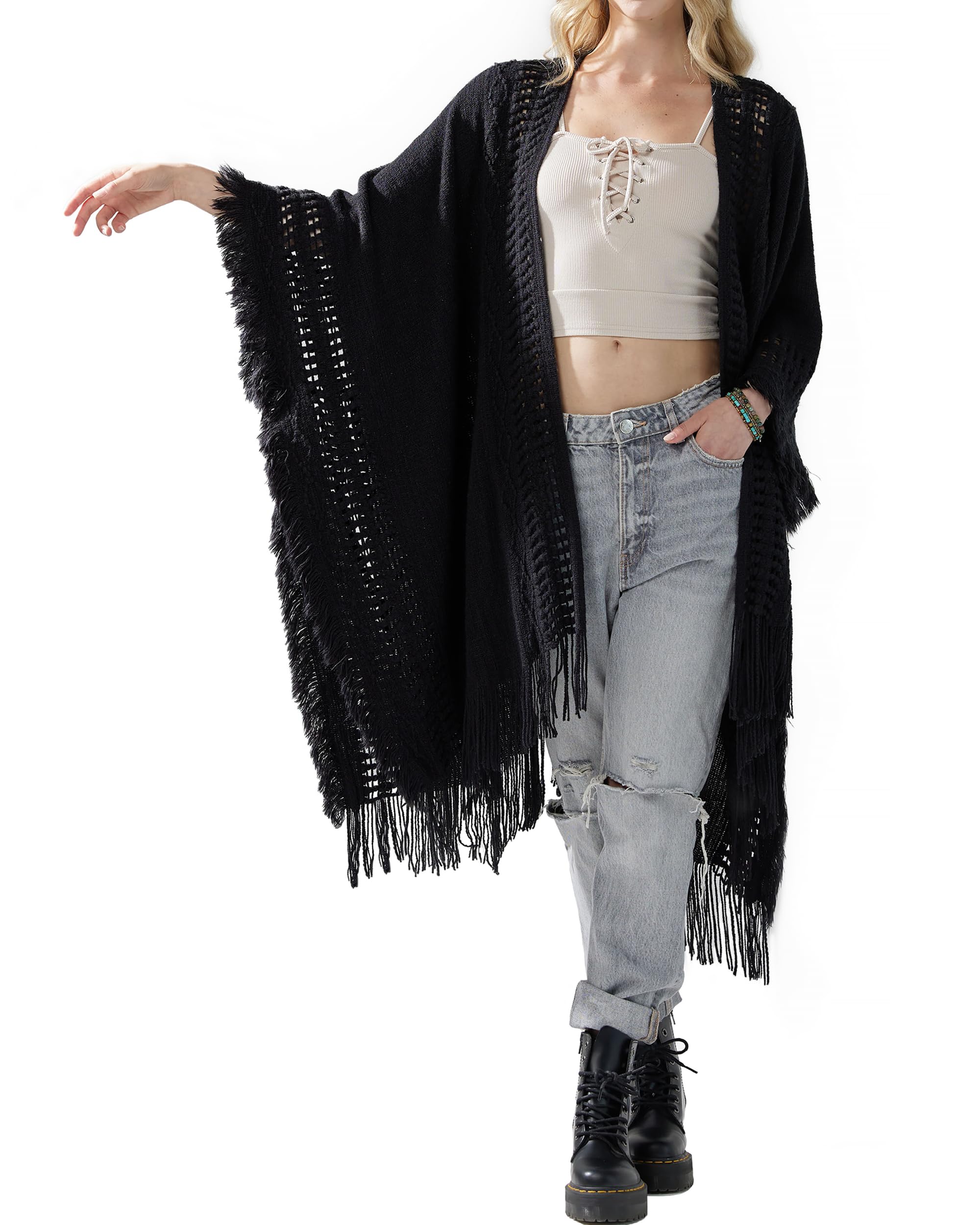noflikWomen's Boho Open Front Fringe Poncho Shawl Sweater Cardigan Long