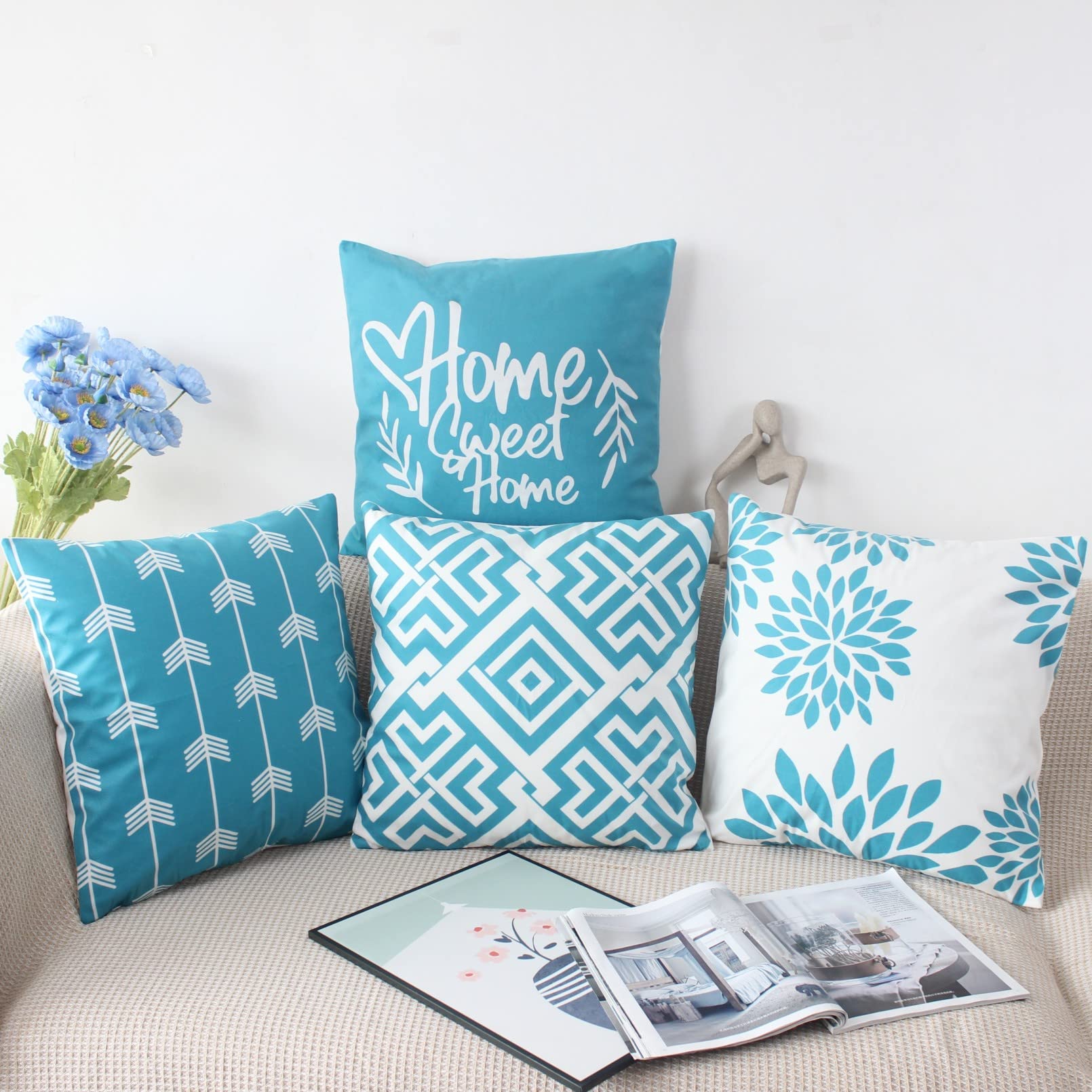 Artscope fluwelen kussenhoezen, superzachte decoratieve vierkante kussenhoezen, voor bank, sofa, slaapkamer, auto 40 x 40 cm, turquoise