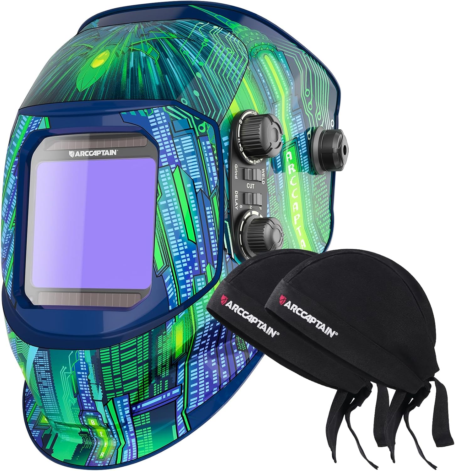 ARCCAPTAIN 3.94"X3.66" Large Viewing Screen Welding Helmet+2 Pcs Welding Cap, Protective Welders Cap