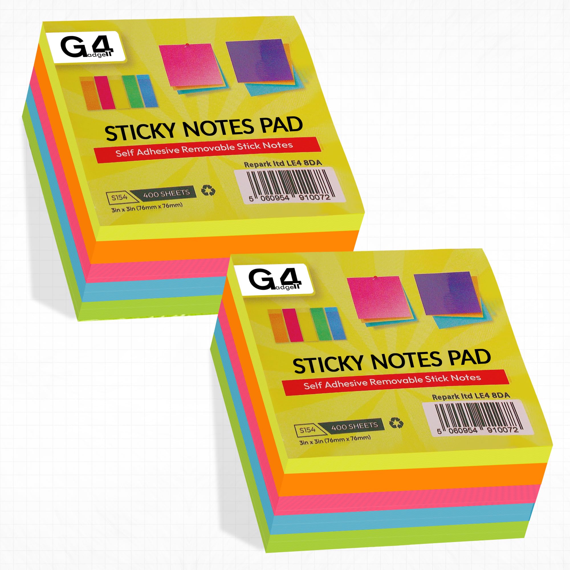 G4GADGET 800pcs Sticky Notes 75x75mm – 2 Cube (10 Pads of 80 Sheets), 5 Vibrant Colours – Self-Stick Notes for Office, Home & School – Strong Adhesive, Easy to Write, Removable & Reusable