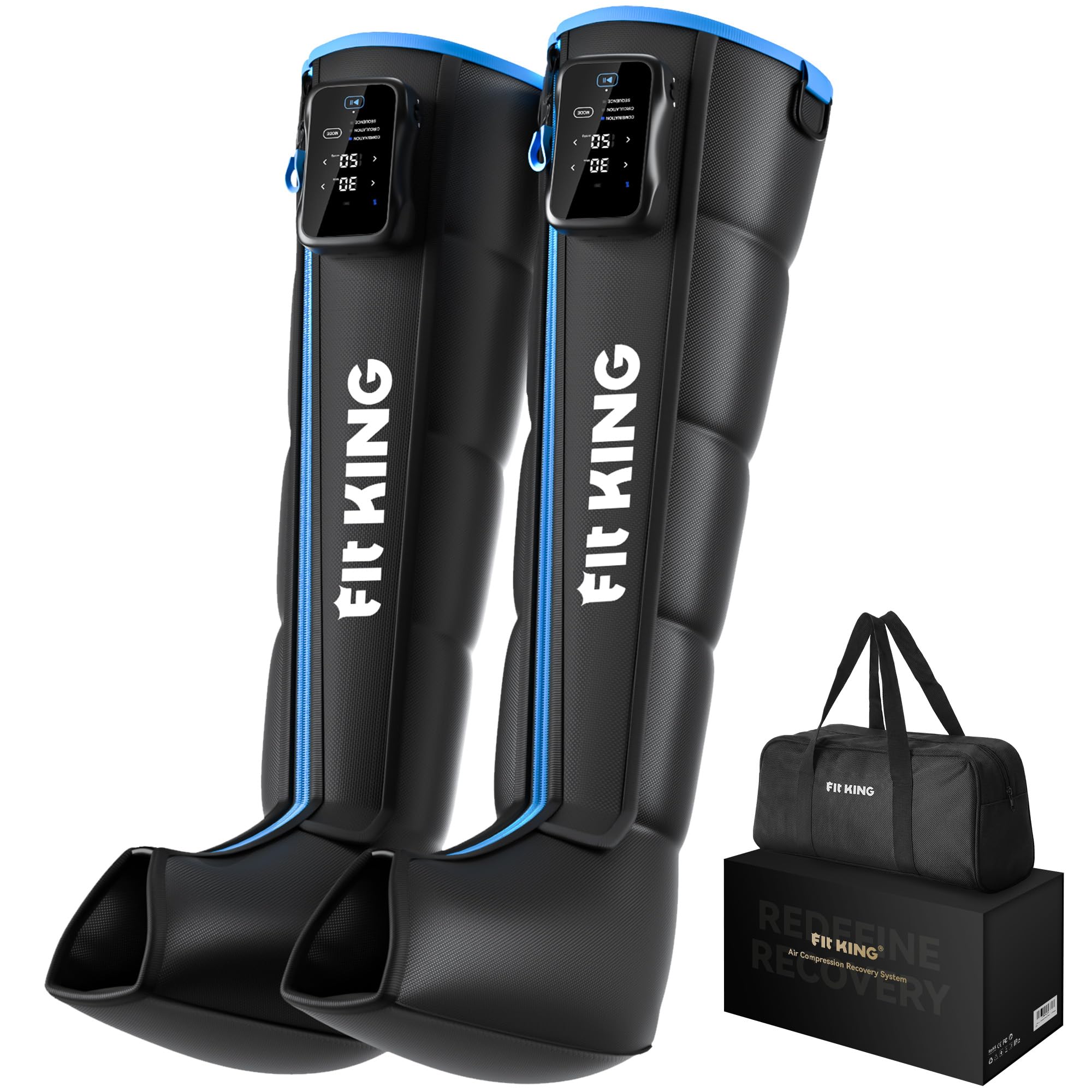 FIT KING Massaggiatore Gambe Senza Fili Sincronizzazione Bluetooth (S) | Pressoterapia Gambe 5 Zone di Compressione, Batteria 3-6h, 12 Intensità, Sollievo Dall’edema, Riduzione dei Dolori Muscolari