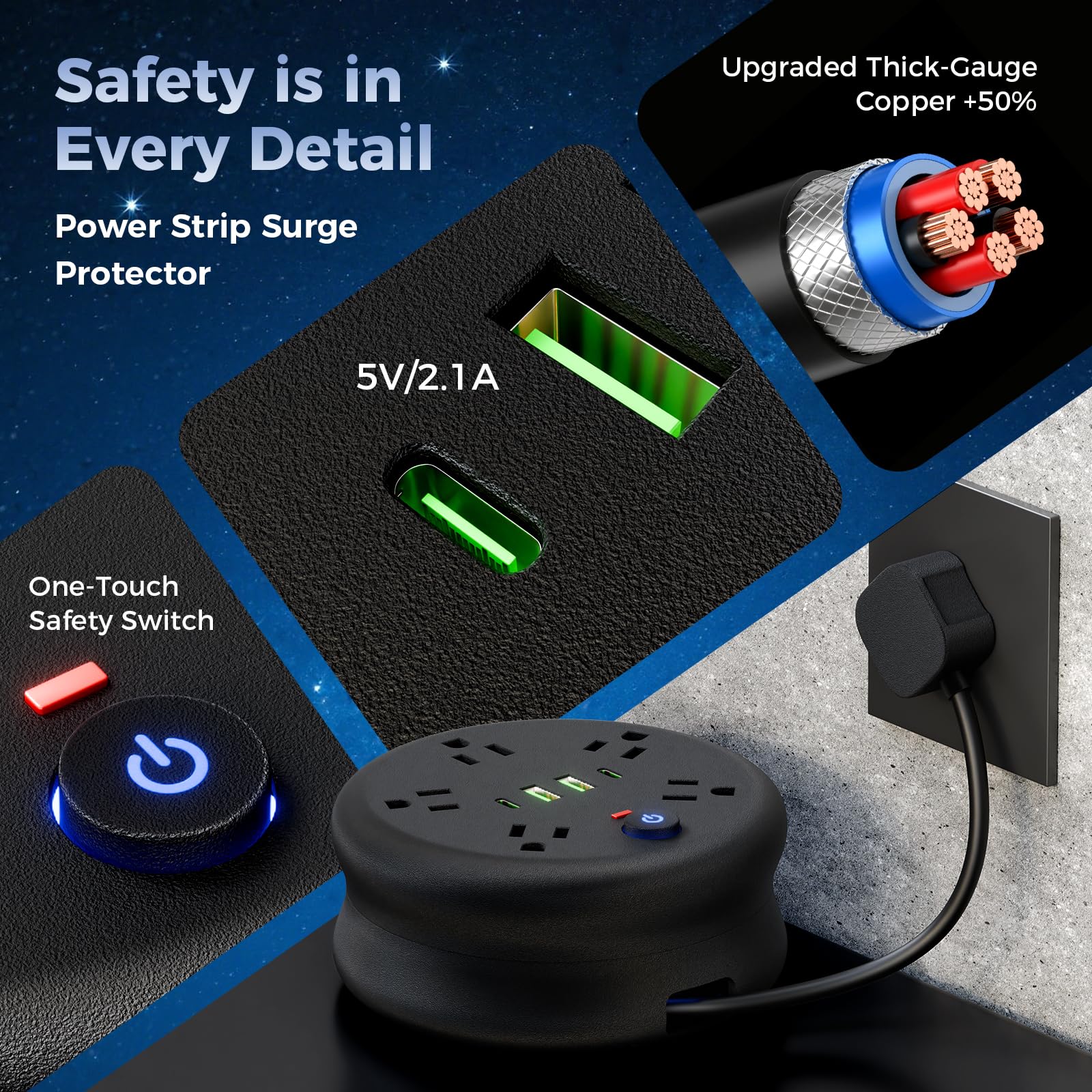 Power Strip Überspannungsschutz, einziehbar, 1,8 m, tragbares Reise-Verlängerungskabel mit 5 Steckdosen, 2 intelligente USB-Anschlüsse, 2 USB-C-Anschlüsse, für Büro zu Hause, Reisen