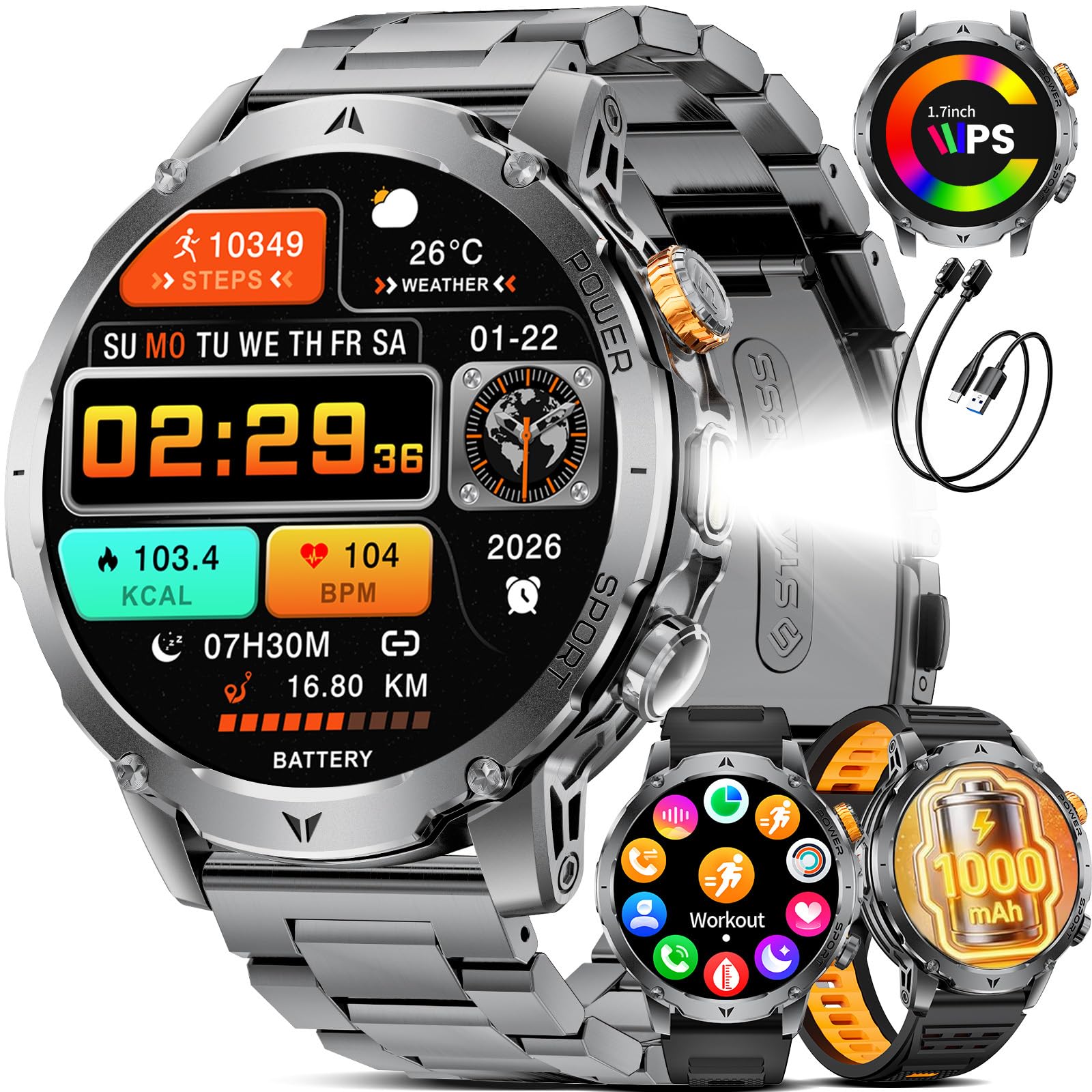 Reloj Inteligente Hombre con 1000 mAh/LED Linterna/Llamada Bluetooth, 1,7'' Smartwatch con 110+ Modos Deportivos, IP68 Impermeable, Frecuencia Cardíaca, Android iOS, 3 Pulseras+2 Cargadores, EF24-A