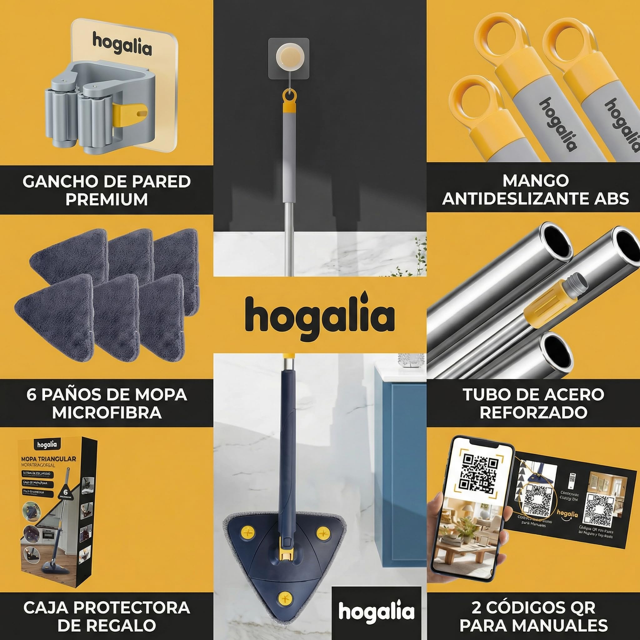 Mopa Triangular Giratoria 360 Autoescurrible de Microfibra, Mopa para Limpiar Azulejos y Paredes, Colgador, 6 Recambios, Manual y Trucos. Fregona Autoescurrible, Suelos, Techos y Ventanas