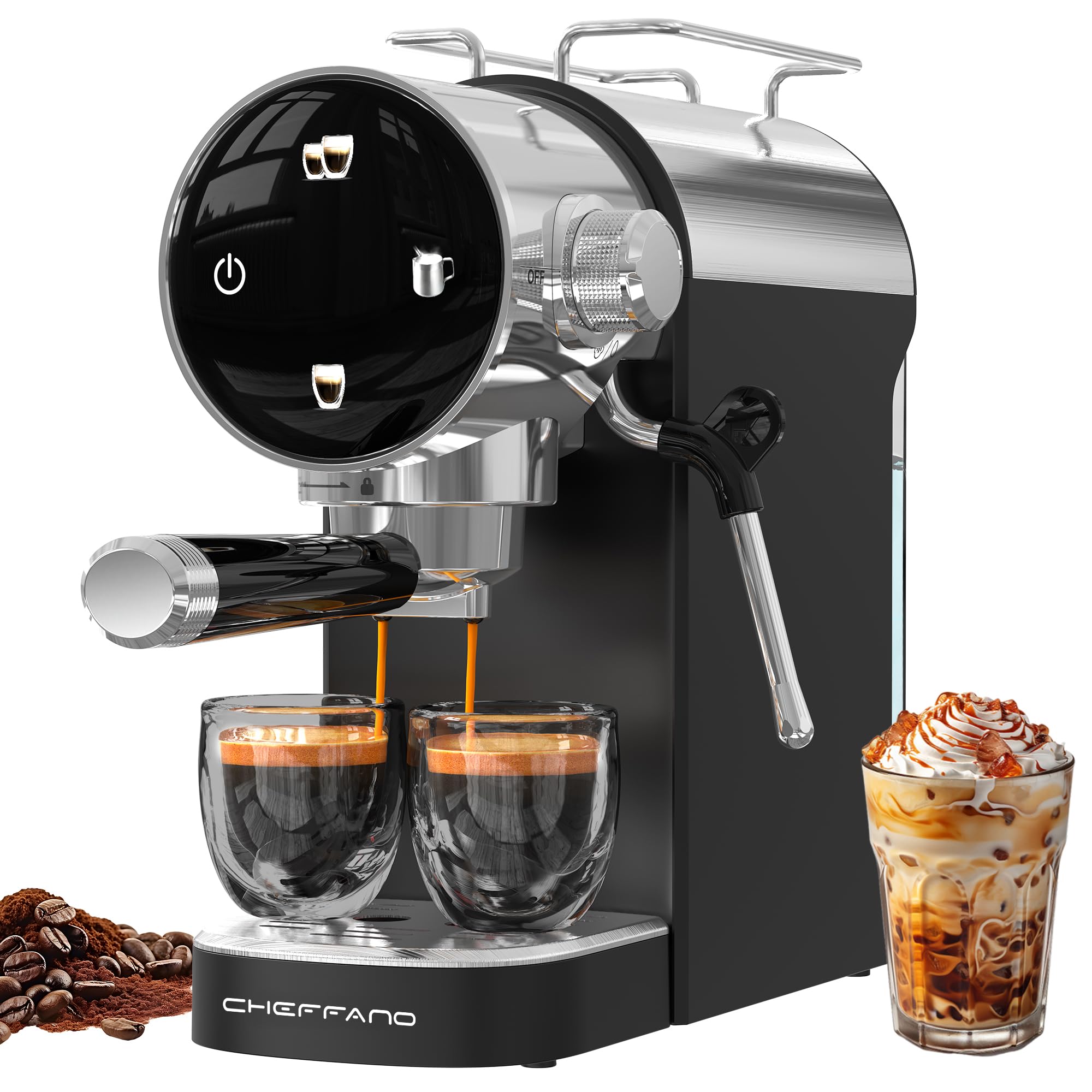 CHEFFANO Espressomaschine, 1350W, 15-Bar-Pumpe, Touchscreen, Edelstahlgehäuse & Dampfstab für Cremespuma