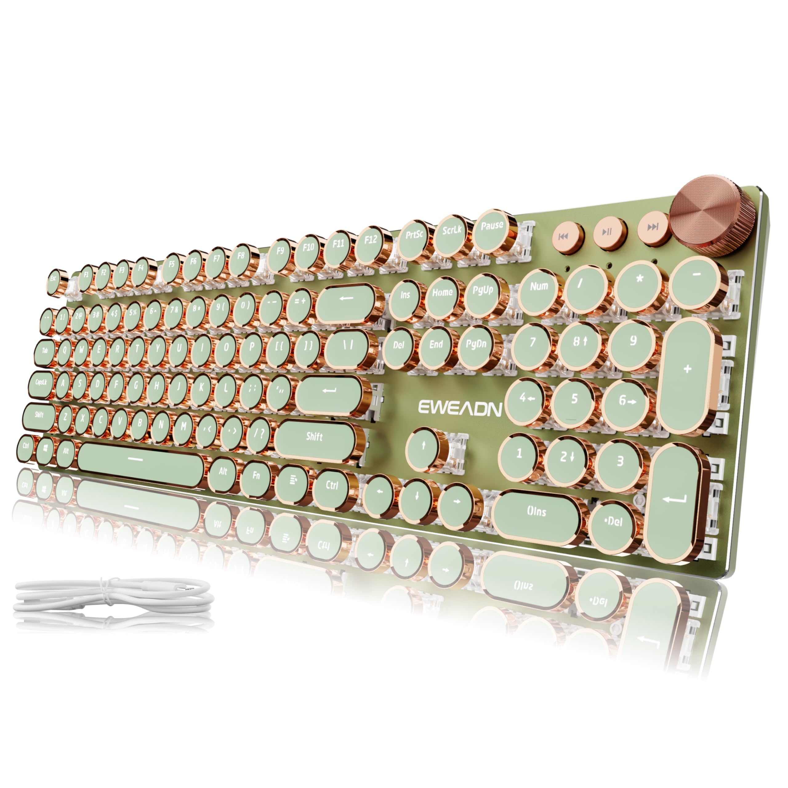 EWEADN Typewriter Style Mechanical Gaming Keyboard Wired Mechanical Keyboard 104 Keys Backlit LED Keyboard Media Control Knob Wired Computer Keyboard Pink Switch for Windows Mac PC Green