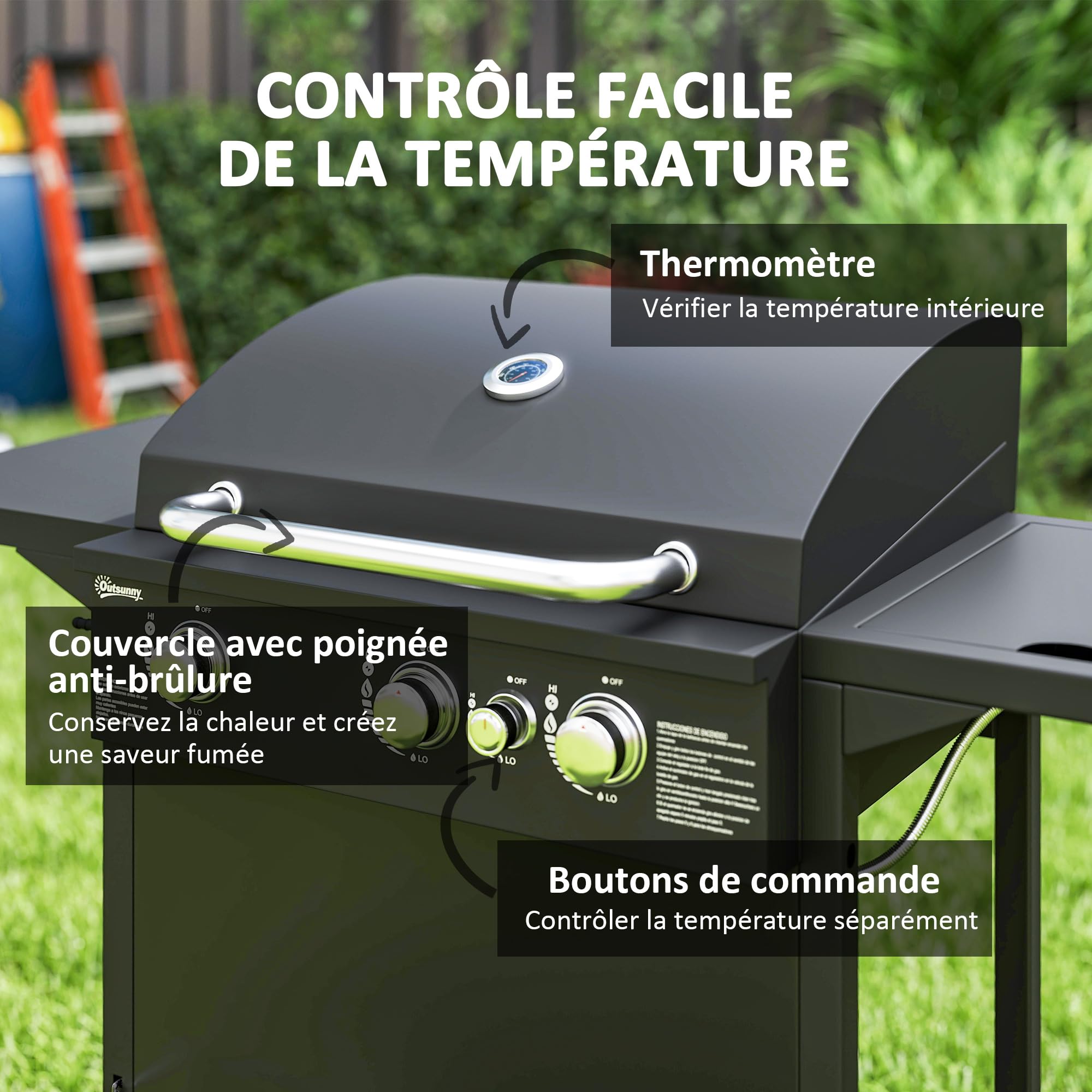 Outsunny Barbecue gaz 3+1 brûleurs en acier, puissance 9,5 kW, barbecue de jardin 2 grilles en chromé, étagères latérales, 2 roues, thermomètre, couvercle, pour camping et terrasse, noir