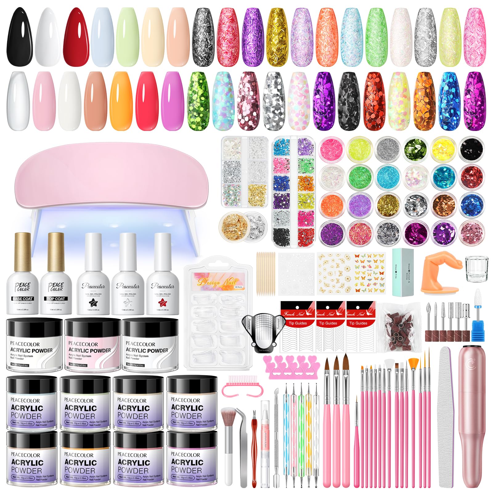 PEACECOLOR Kit Ongle Acrylique Complet En Gel Avec Ponceuse Pour Ongles, 11 Couleurs Poudre Acrylique, 3 Couleurs de Vernis à Ongles Gel et Outils Nail Art Pour Salon à Domicile