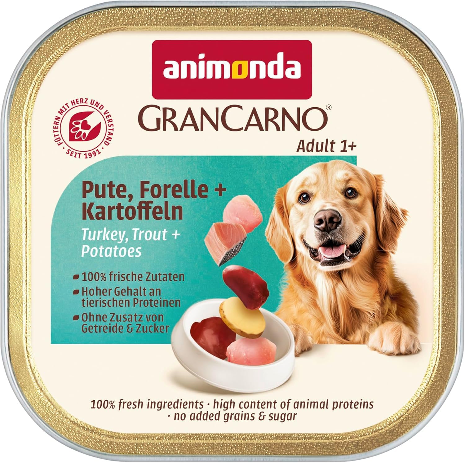 animonda GranCarno Hunde Nassfutter Adult mit Pute, Forelle + Kartoffel (22 x 150g), getreidefreies Hundenassfutter ohne Zucker, für ausgewachsene Hunde, mit frischen fleischigen Zutaten