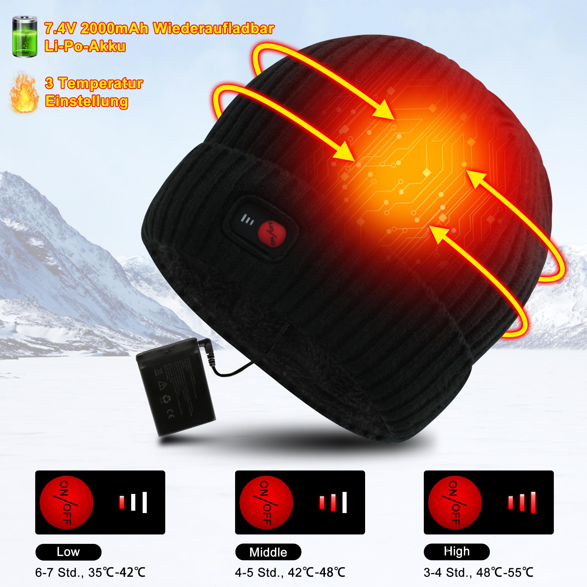 Svpro Gorro calentado con batería recargable de 7,4 V, batería de polímero de litio que dura hasta 3-7 horas, gorro eléctrico calentable para mujeres y hombres, gorro calefactor