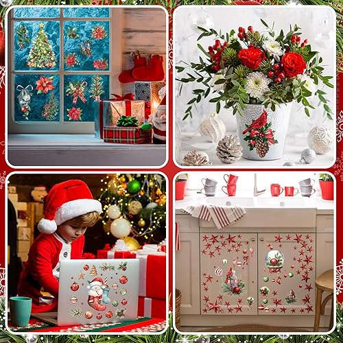 Miniatura 5 de SATINIOR 16 hojas de calcomanías de Navidad para manualidades y muebles, calcomanías de árbol de Navidad, muñeco de nieve, bayas rojas, calcomanías