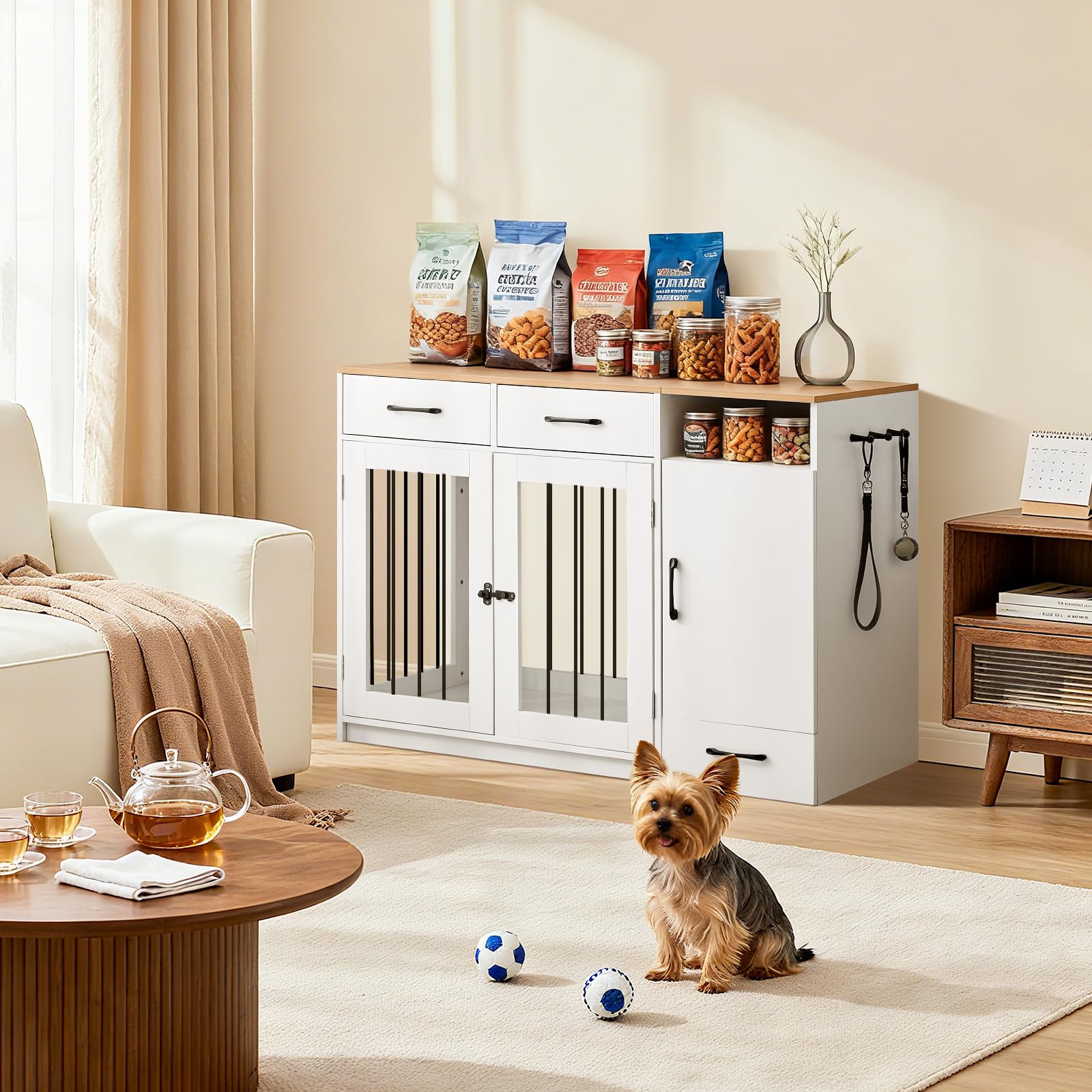 TUKAILAI Hundekäfig Möbel mit Schublade, Futterstation mit Rädern, Robuste Hundebox für kleine, mittelgroße und große, Zuhause Indoor, 116 x 55 x 86 cm