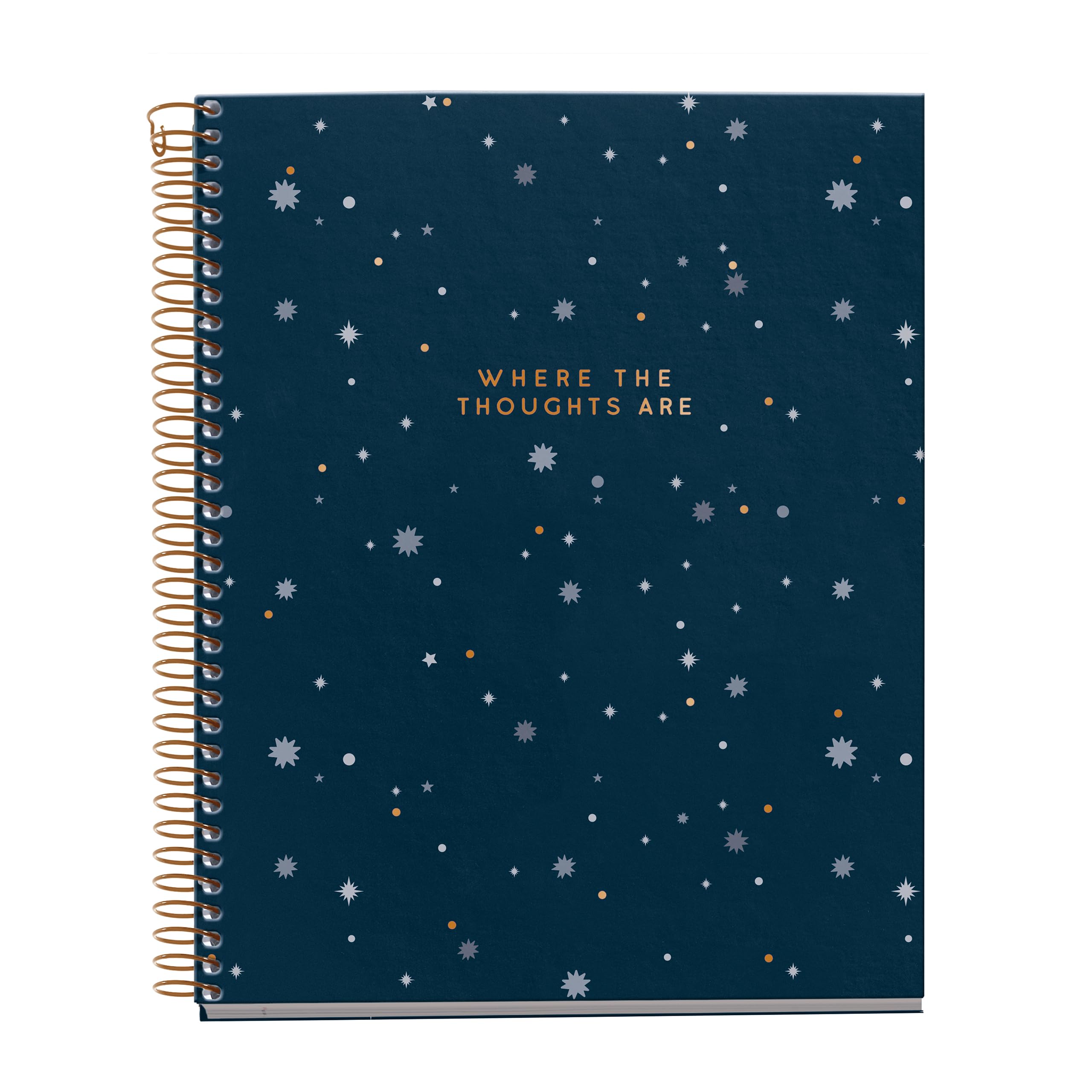 Notebook A5 (148 x 210 mm), 5 mm grid, 120 sheets of 70 g/m², cardboard cover with gold details, 4 coloured stripes, copper spiral, Midnight Secrets collection