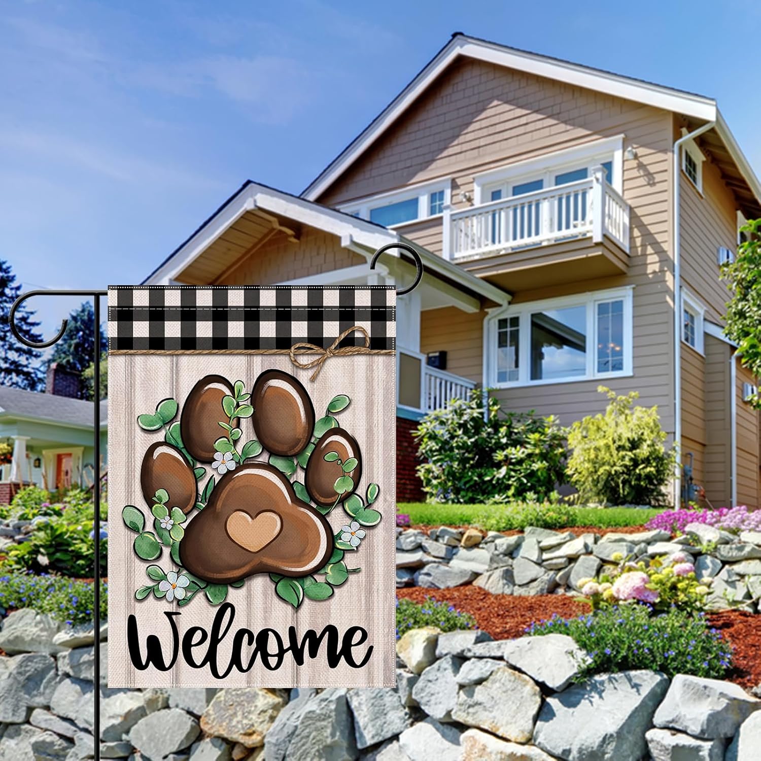 Artofy Welcome Dog Cat Paw Small Decorative Garden Flag, Eucalyptus Leaves Buffalo Plaid Check Yard Lawn Outside Decor, Farmhouse Rustic Burlap Outdoor Home Decoration Double Sided 12 x 18 - Image 6