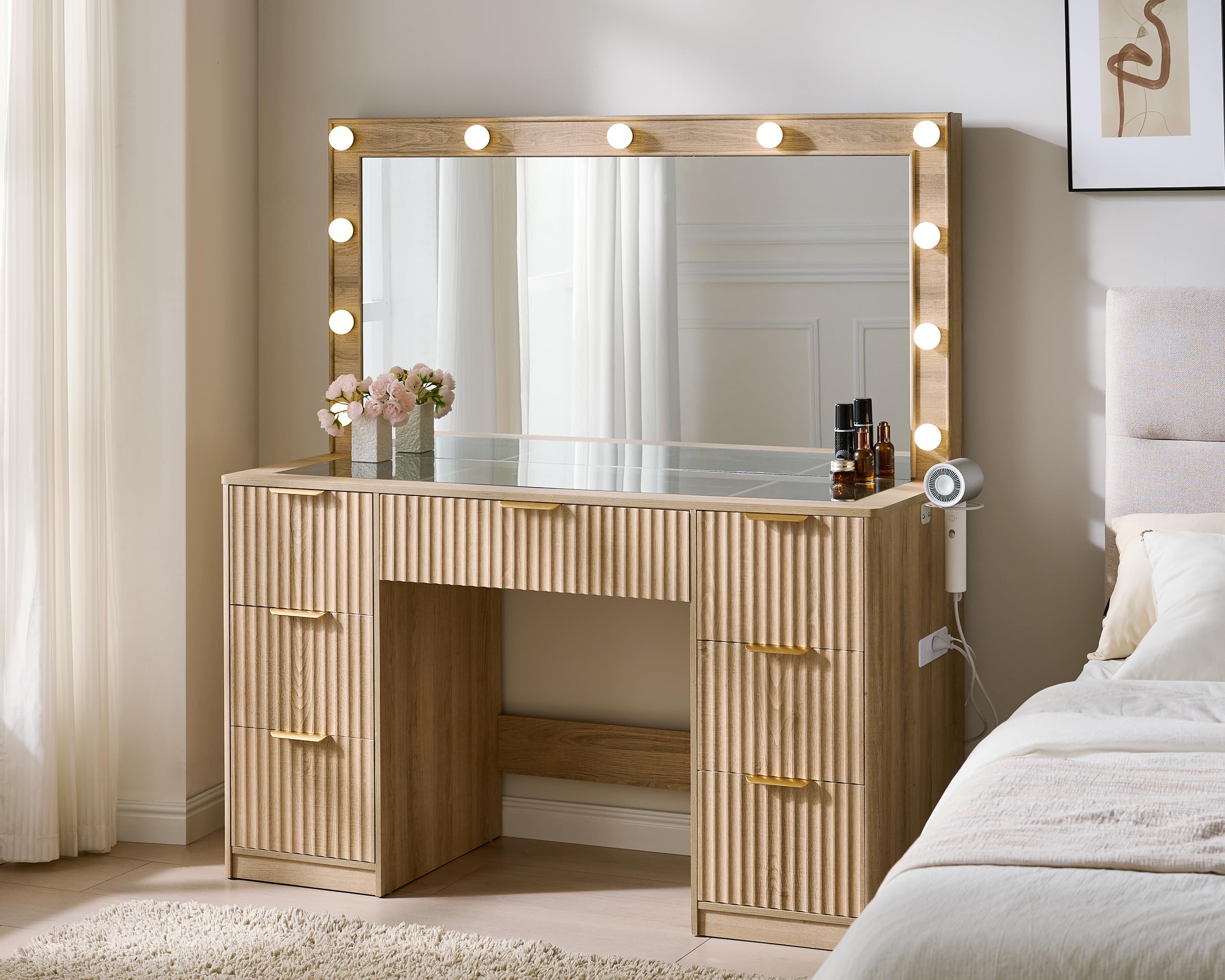 47" large natural fluted vanity desk with mirror & adjustable led lights