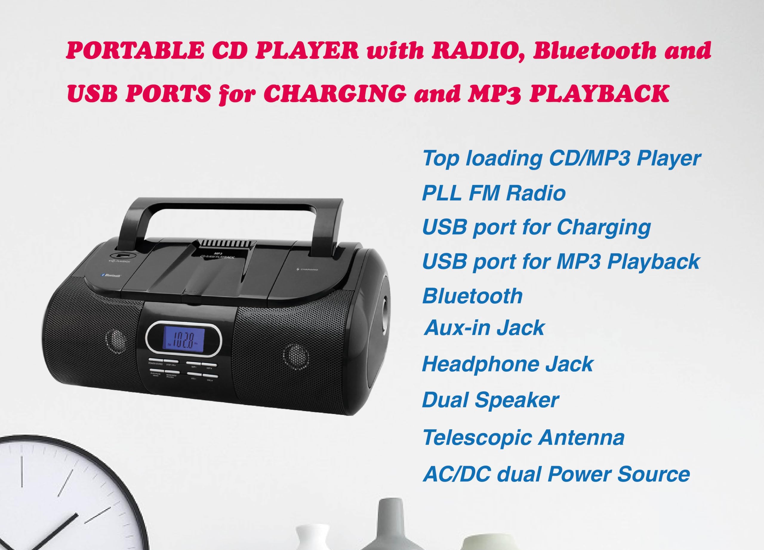 HANNLOMAX HX-318CD Portable CD/MP3/USB Boombox, FM PLL Radio, Bluetooth, 1 USB Port for MP3 Playback, 1 USB Port for 1A Charging, Aux-in Jack, Headphone Jack, AC/DC Dual Power Source. (Black)